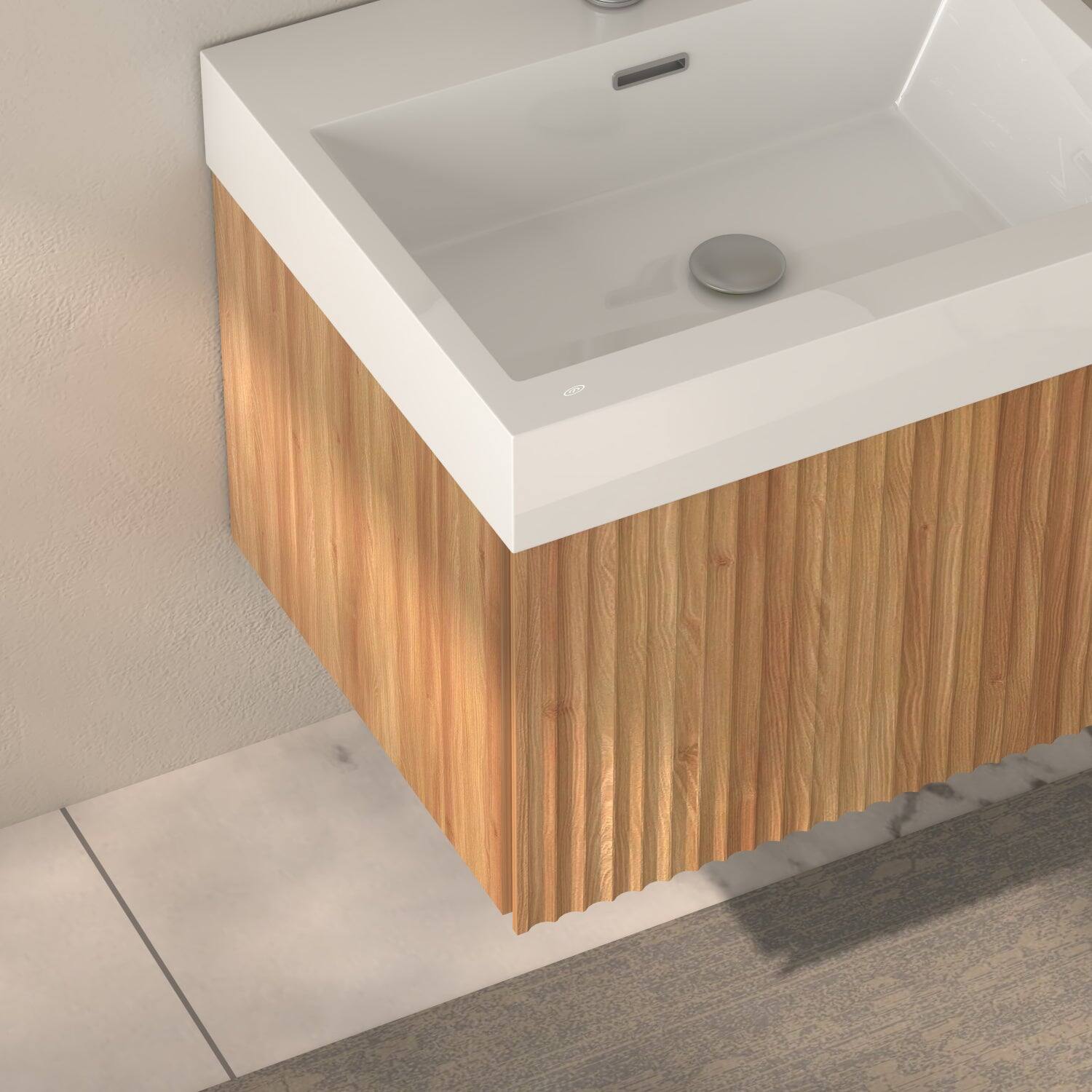 Angle. Boyel Living - 24 in Wall-Mounted Bathroom Vanity with Integrated Basin Plywood Cabinet Minimalist Floating Acacia Finish - Acacia.