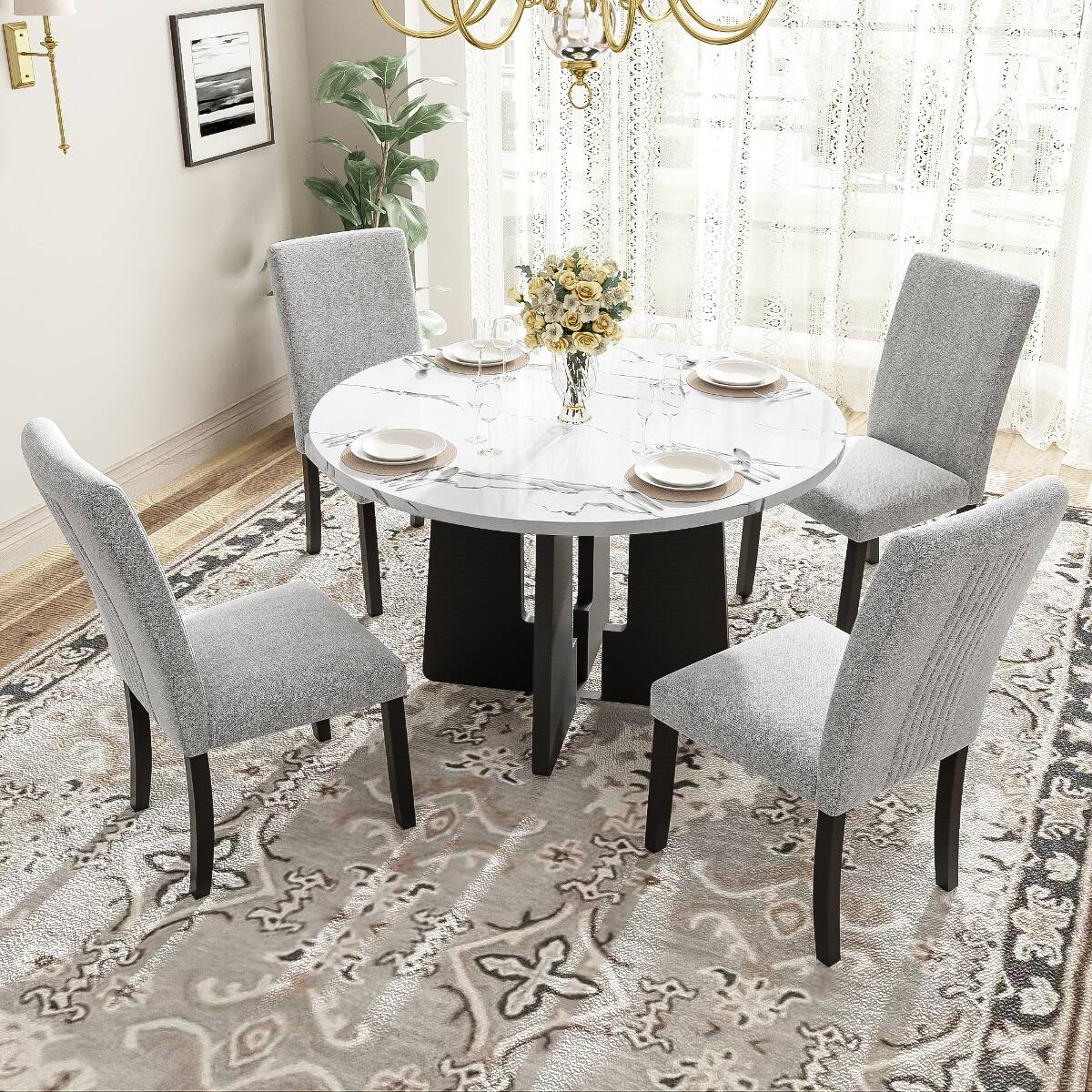 Back. Loheer - Loheer 5 Piece Round Dining Table Set with Upholstered Chairs, 43 Inch Modern Dining Set for Four - White and gray.