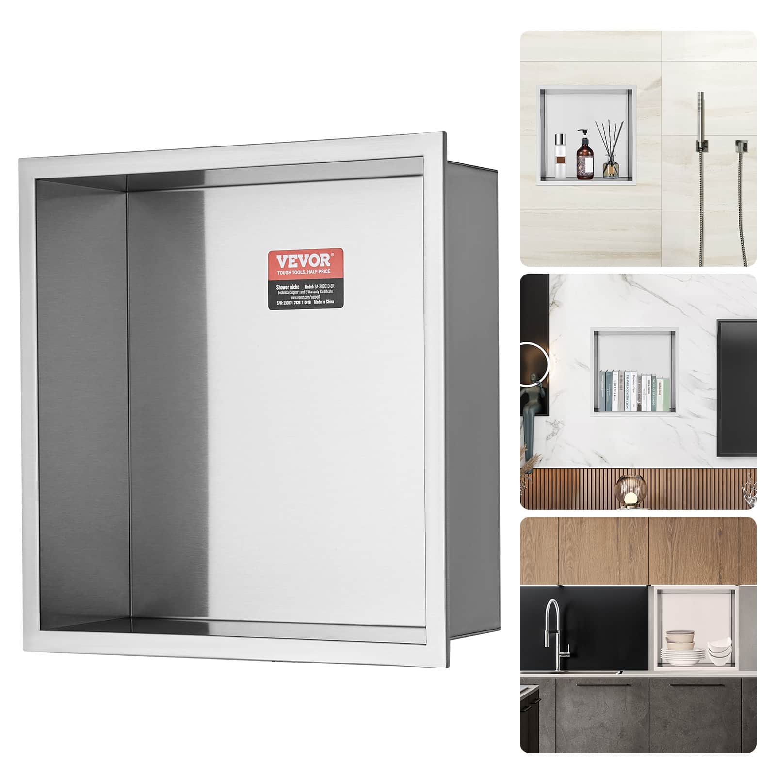 VEVOR - 13"x13" No Tile Shower Niche 304 Stainless Steel, Wall-Inserted Niche Recessed Double Shelves - Silver