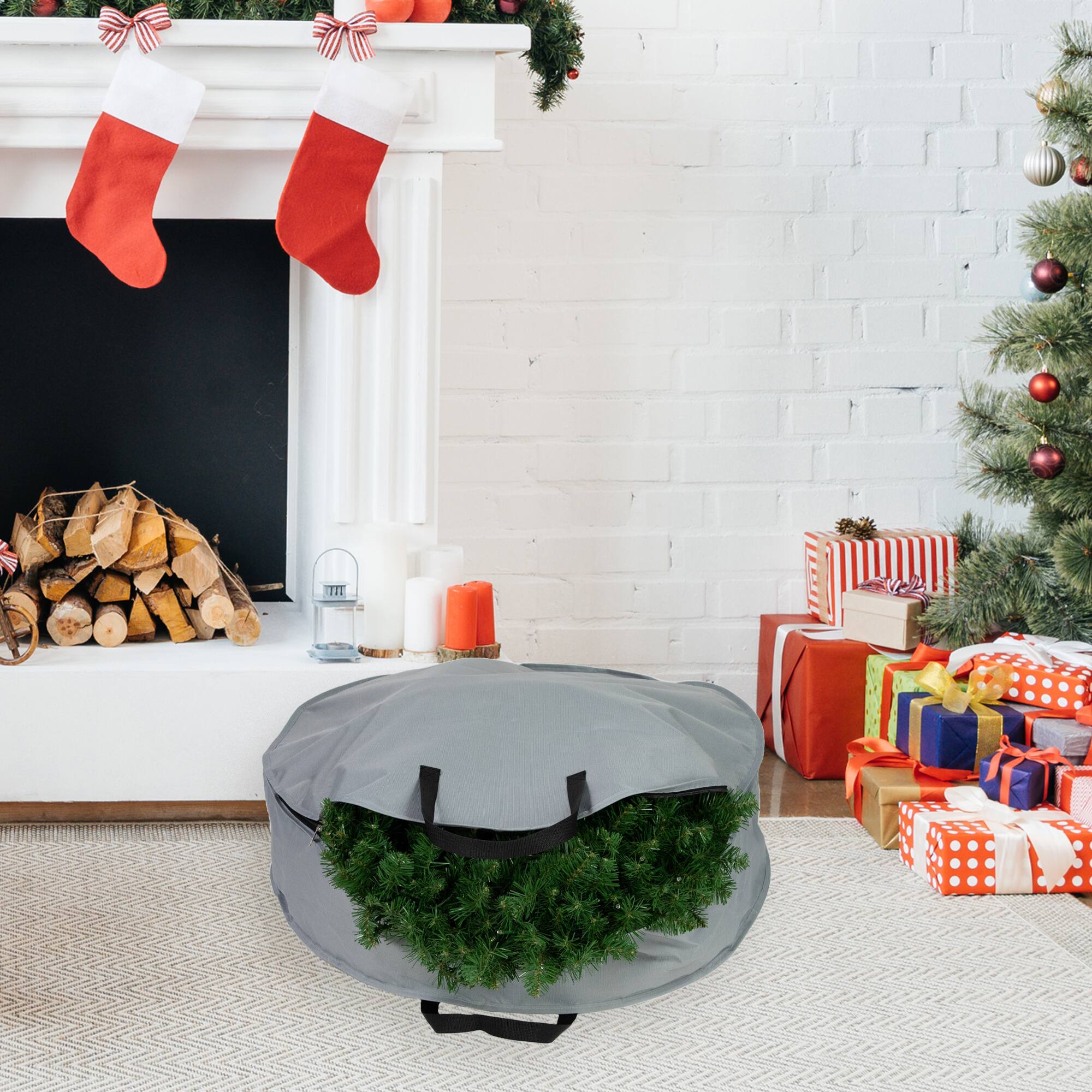 Alt View 1. Northlight - Multi-Seasonal Wreath Storage Bag - 30" - Gray - Gray.