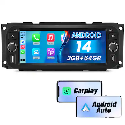 Sure, here is the corrected and grouped text from the image:
---
**MIC 15:38 5G Phone Auto Music Podcasts RST + ANDROID 14**
**2GB+64GB**
**Carplay**
**Android Auto**
---