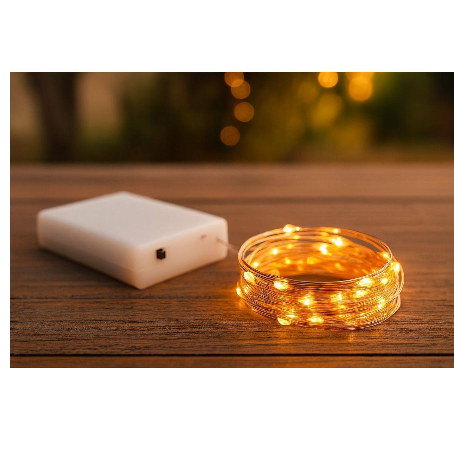 Left. Stock Preferred - Battery Operated 25-Count LED Fairy String Lights - Metallic Silver Wire / Warm White LEDs.