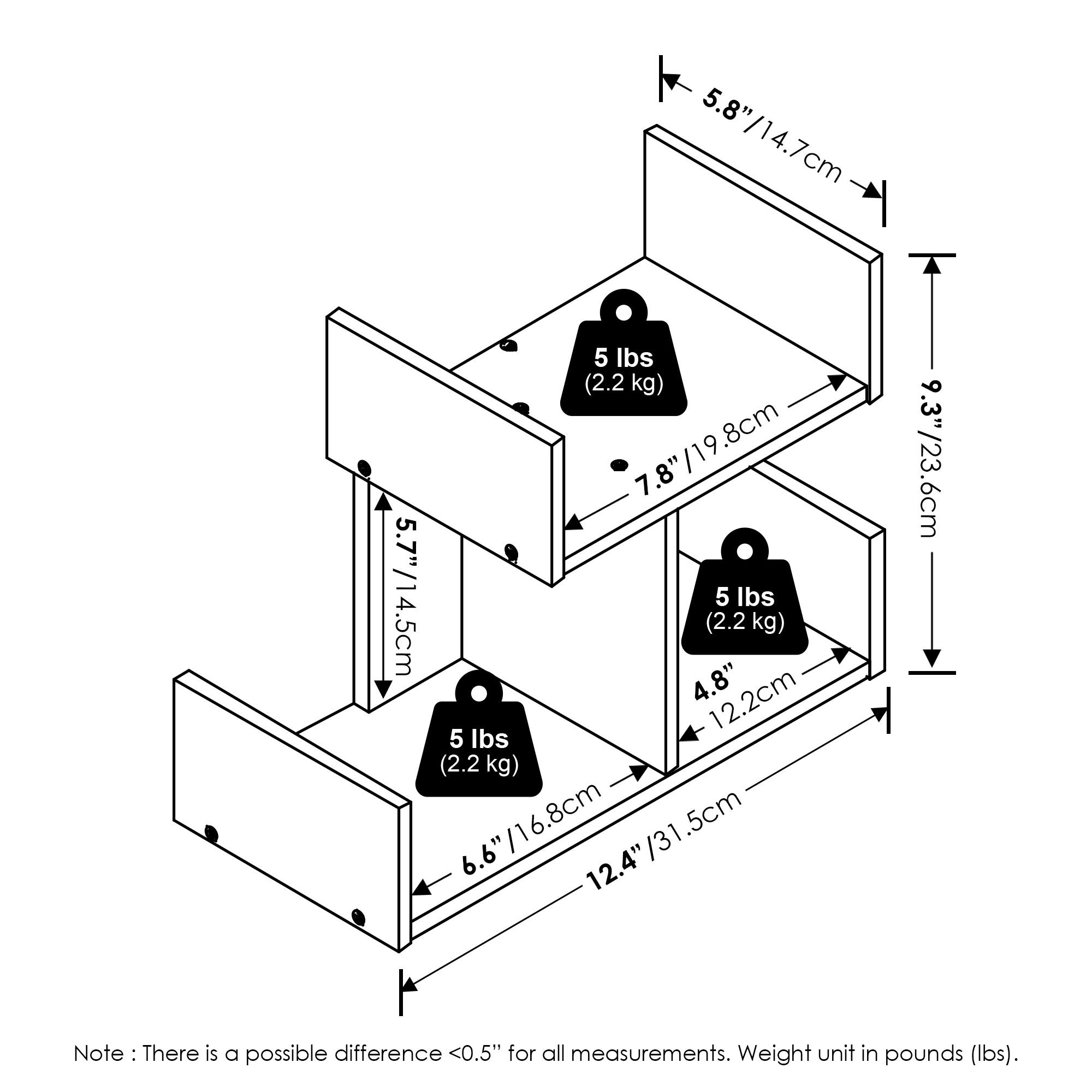 5.8" / 14.7 cm  
7.8" / 19.8 cm  
5 lbs (2.2 kg)  
5.7" / 14.5 cm  
4.8" / 12.2 cm  
5 lbs (2.2 kg)  
6.6" / 16.8 cm  
12.4" / 31.5 cm  
9.3" / 23.6 cm  
5 lbs (2.2 kg)  

Note: There is a possible difference <0.5" for all measurements. Weight unit in pounds (lbs).