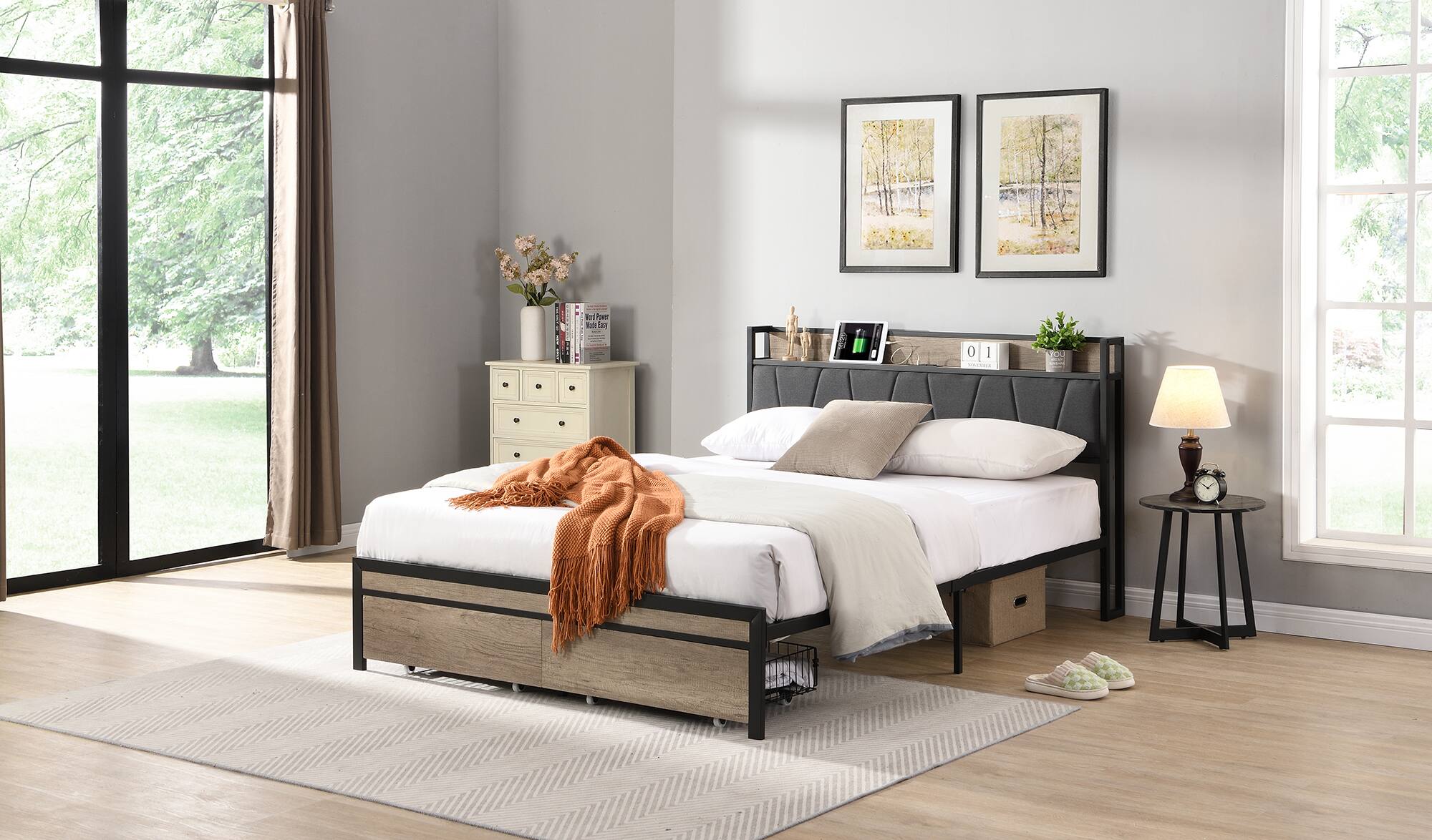 Angle. Trinkets Crazed - Queen Size Metal Platform Bed Frame with Storage Headboard and USB and Footboard with Drawers, No Box Spring Needed - Black.