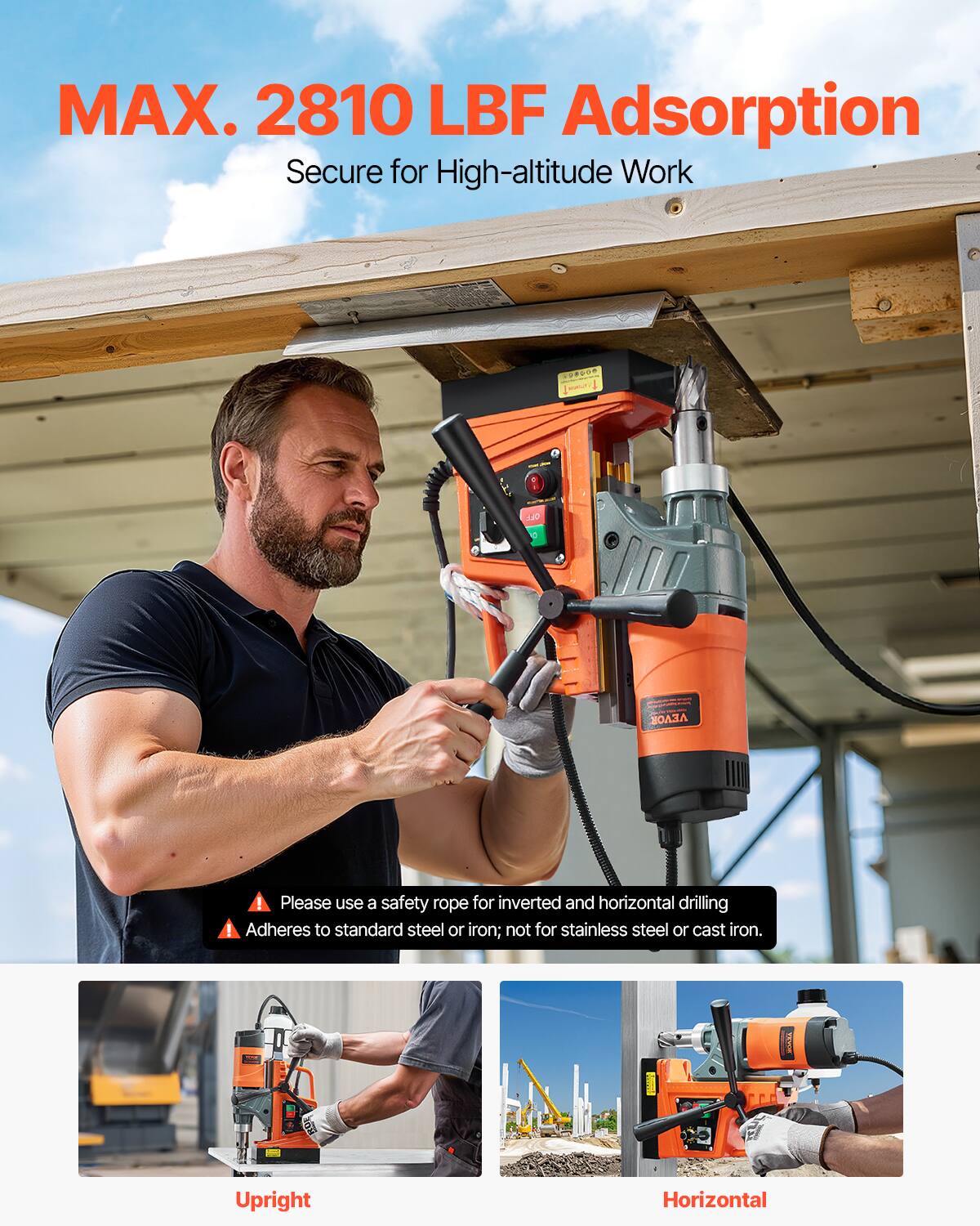 MAX. 2810 LBF Adsorption  
Secure for High-altitude Work

OFF

Please use a safety rope for inverted and horizontal drilling  
Adheres to standard steel or iron; not for stainless steel or cast iron.

Upright  
Horizontal