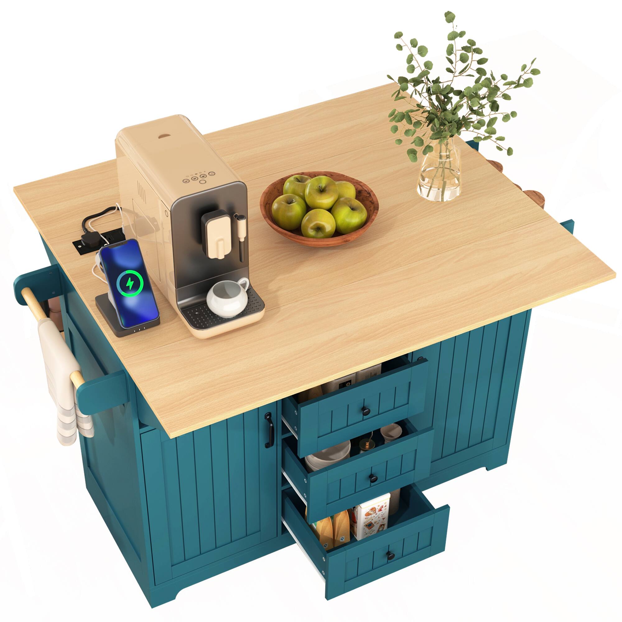 Alt View 9. Forest'nSky - 55.7" Rolling Kitchen Island with 2 Drop-Leaf Tables – Power Outlet, 3 Drawers, Spice & Towel Racks, Green - Green.