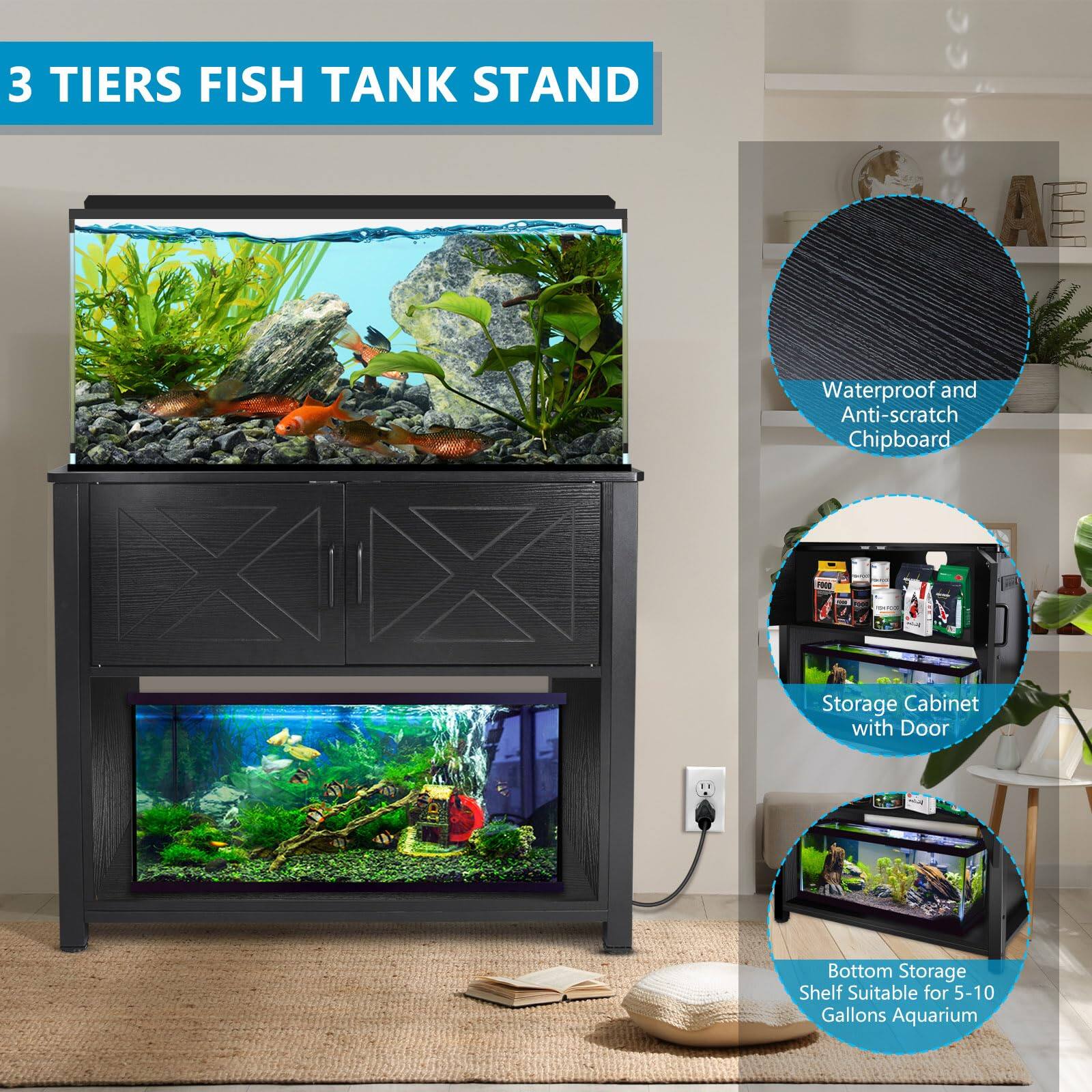 3 Tiers Fish Tank Stand

- Waterproof and Anti-scratch Chipboard
- Storage Cabinet with Door
- Bottom Storage Shelf Suitable for 5-10 Gallons Aquarium