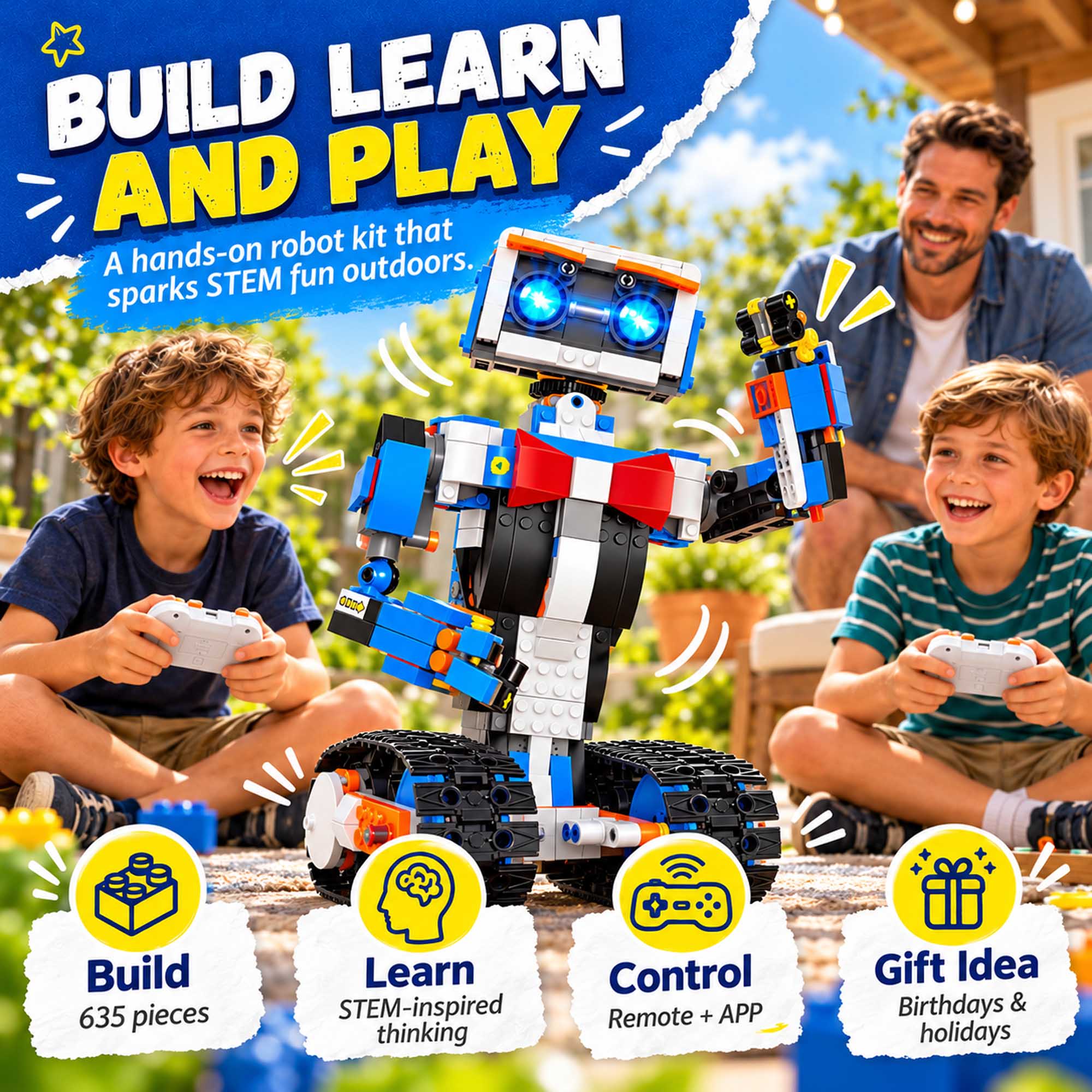 BUILD LEARN AND PLAY  
A hands-on robot kit that sparks STEM fun outdoors.

Build 635 pieces  
Learn STEM-inspired thinking  
Control Remote + APP  
Gift Idea Birthdays & holidays