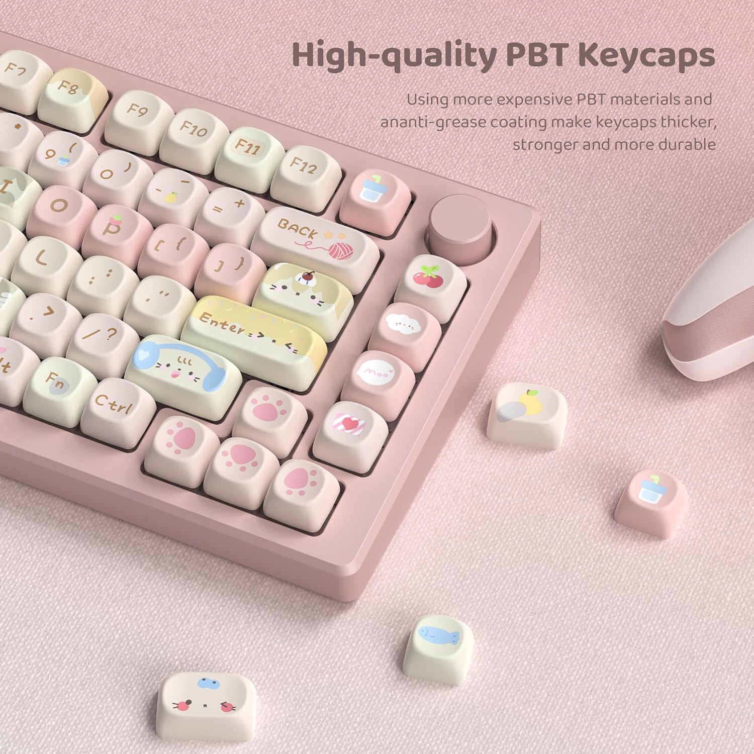 High-quality PBT Keycaps

Using more expensive PBT materials and an anti-grease coating make keycaps thicker, stronger and more durable