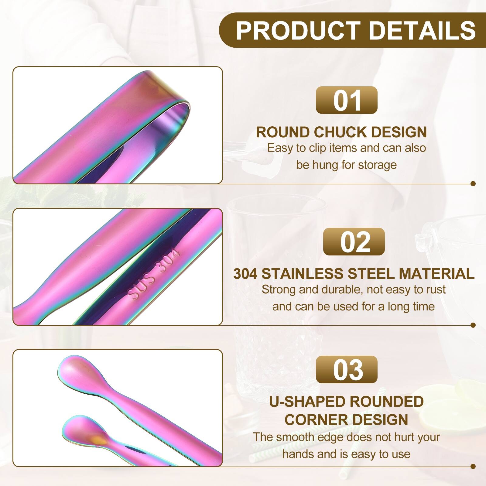 PRODUCT DETAILS

01 ROUND CHUCK DESIGN
Easy to clip items and can also be hung for storage

02 304 STAINLESS STEEL MATERIAL
Strong and durable, not easy to rust and can be used for a long time

03 U-SHAPED ROUNDED CORNER DESIGN
The smooth edge does not hurt your hands and is easy to use