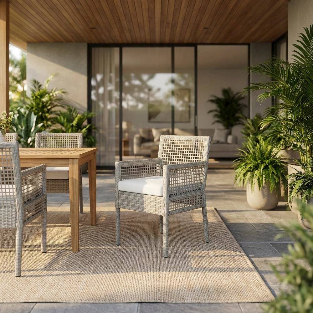 Angle. Outdoor Escape - Outdoor Patio Rattan Wicker Dining Armchair With Cushioned Seat - Gray.