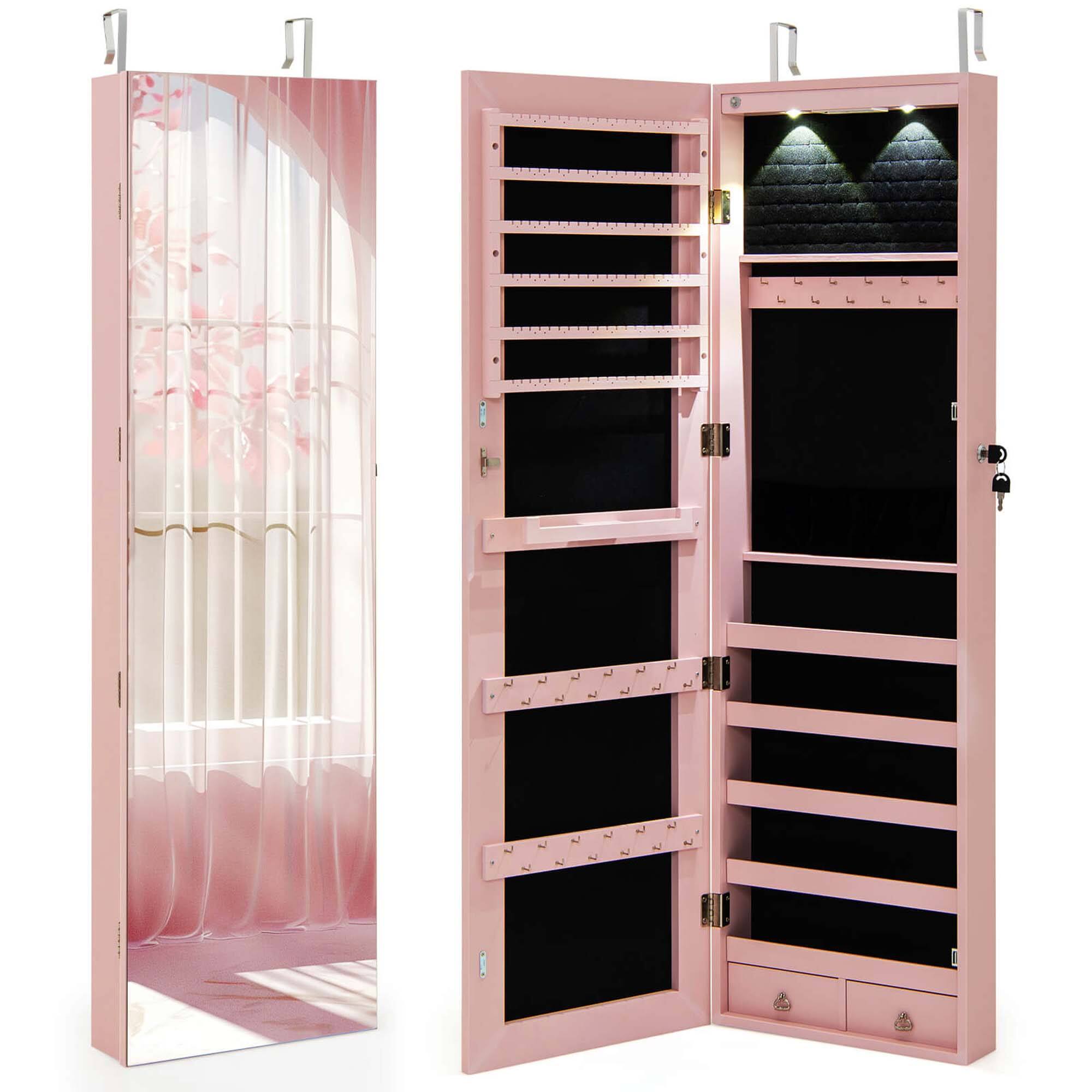 Alt View 17. Costway - Mirrored Wall & Door Mounted Jewelry Cabinet Storage Organizer with Lights&Drawer Pink - Pink.