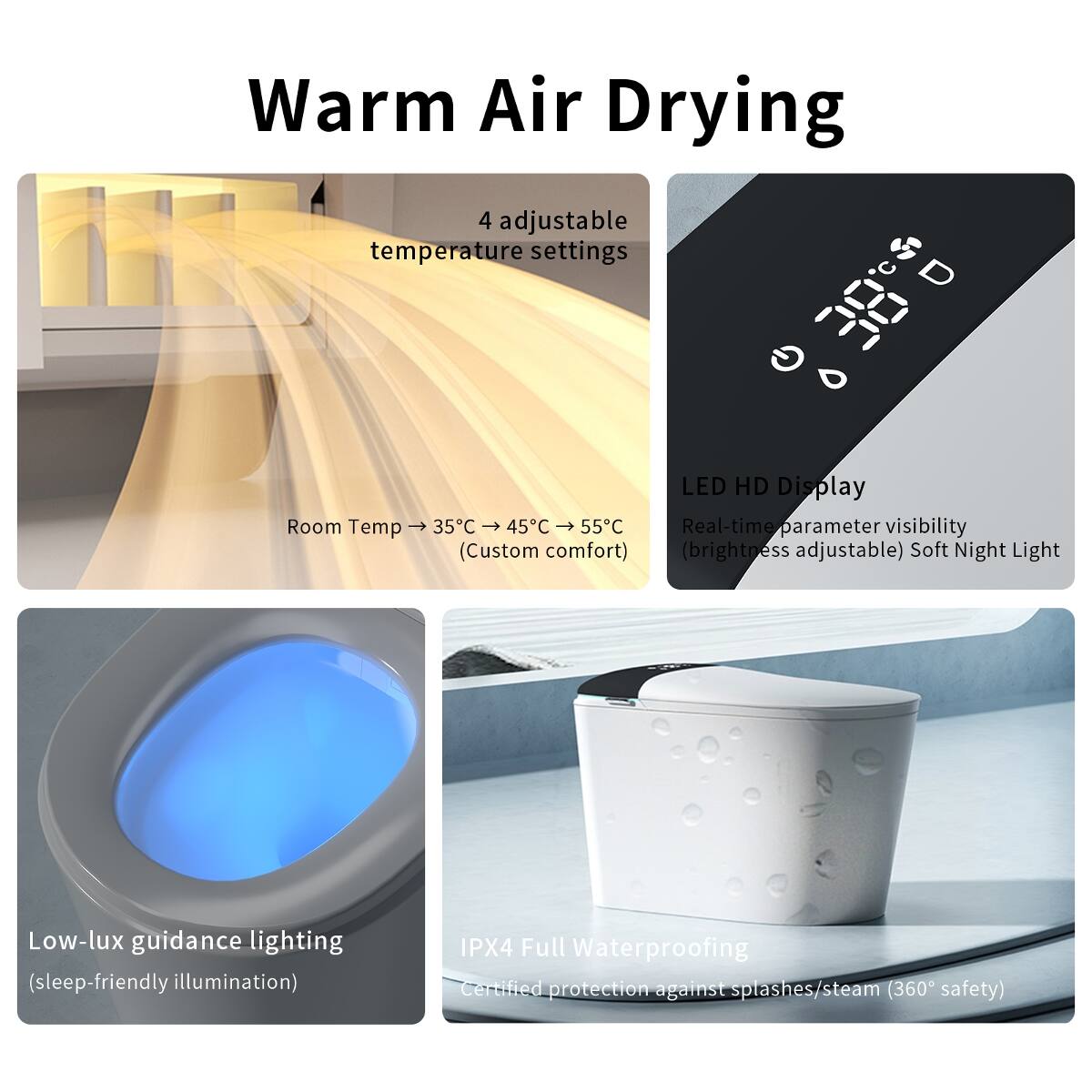 Warm Air Drying

4 adjustable temperature settings

LED HD Display
Room Temp → 35°C → 45°C → 55°C
Real-time parameter visibility (Custom comfort) (brightness adjustable) Soft Night Light

Low-lux guidance lighting (sleep-friendly illumination)

IPX4 Full Waterproofing
Certified protection against splashes/steam (360° safety)