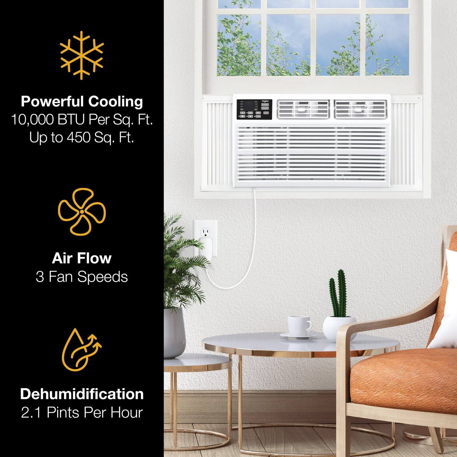 Powerful Cooling  
10,000 BTU Per Sq. Ft.  
Up to 450 Sq. Ft.  

Air Flow  
3 Fan Speeds  

Dehumidification  
2.1 Pints Per Hour