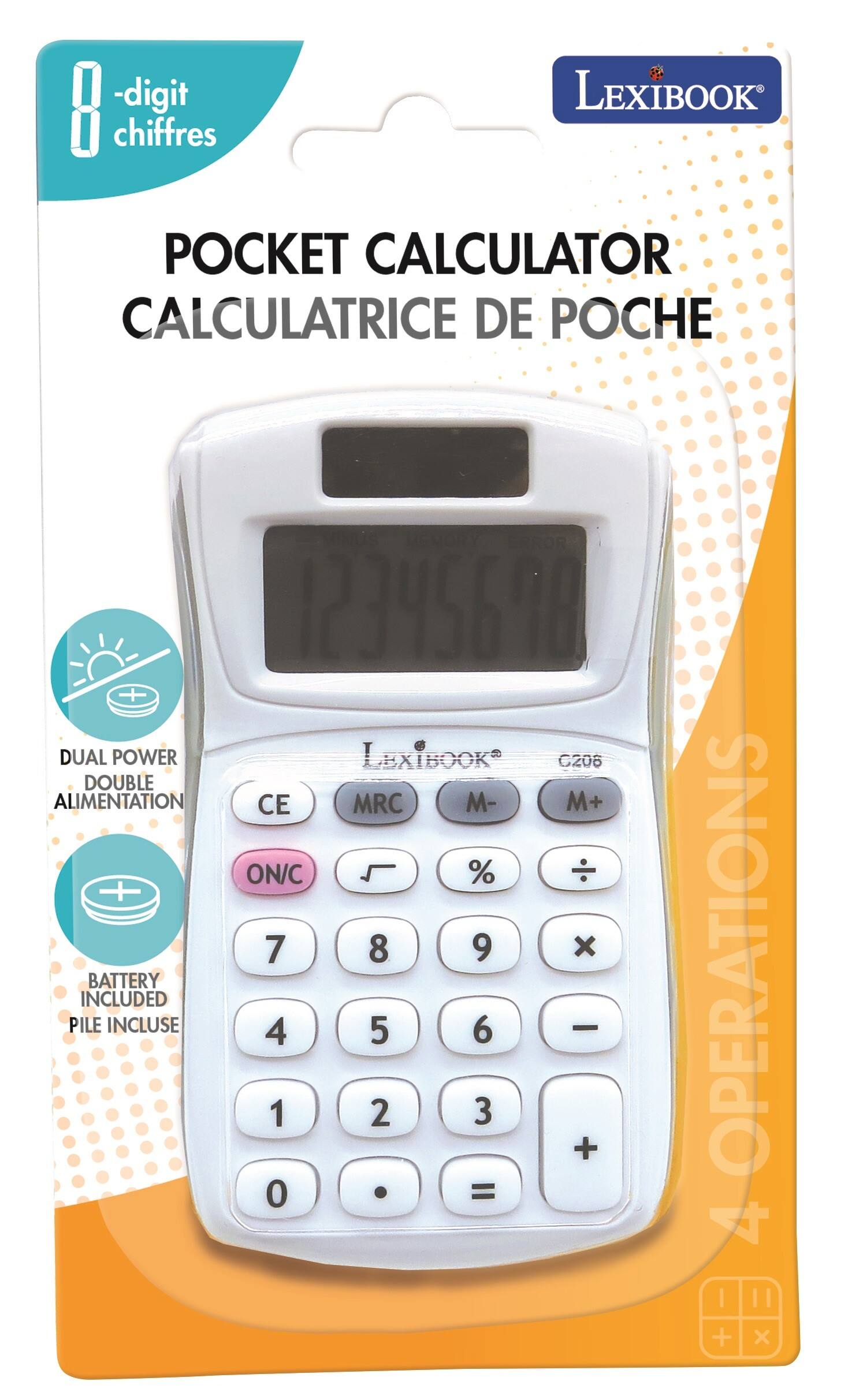 - 8-digit chiffres
- LEXIBOOK POCKET CALCULATOR CALCULATRICE DE POCHE
- ERROR 12345696
- DUAL POWER DOUBLE ALIMENTATION
- BATTERY INCLUDED PILE INCLUSE
- 4 OPERATIONS
- LEXIBOOK C206
- CE MRC M- M+ ON/C %
- 7 8 9 x
- 4 5 6 -
- 1 2 3 +
- 0 =