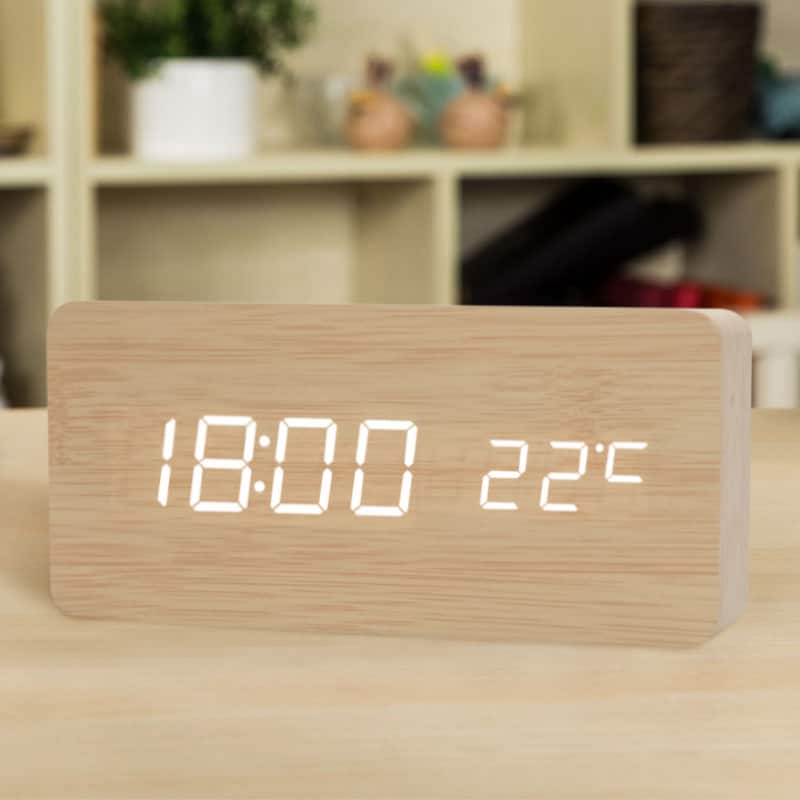 Auledio - Multi Functional LED Alarm Clock, Wooden Digital Clock with Temperature Display, Suitable for Home Office (Light - Yellow