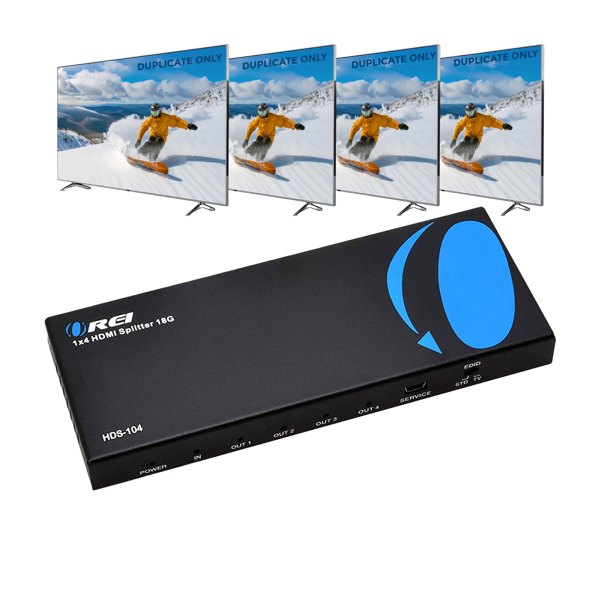 The corrected text is:

"REI 18G HDMI Splitter 1x4 HDS-104 POWER IN . OUT 2 OUTS a - OUT SERVICE END IV STO"

This appears to be a description of an HDMI splitter device.