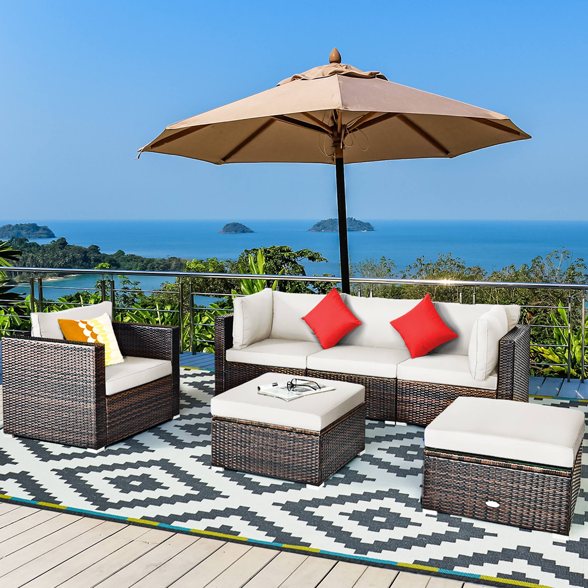 Alt View 3. Costway - 6PCS Patio Rattan Furniture Set Cushion Sofa Coffee Table Ottoman - White.