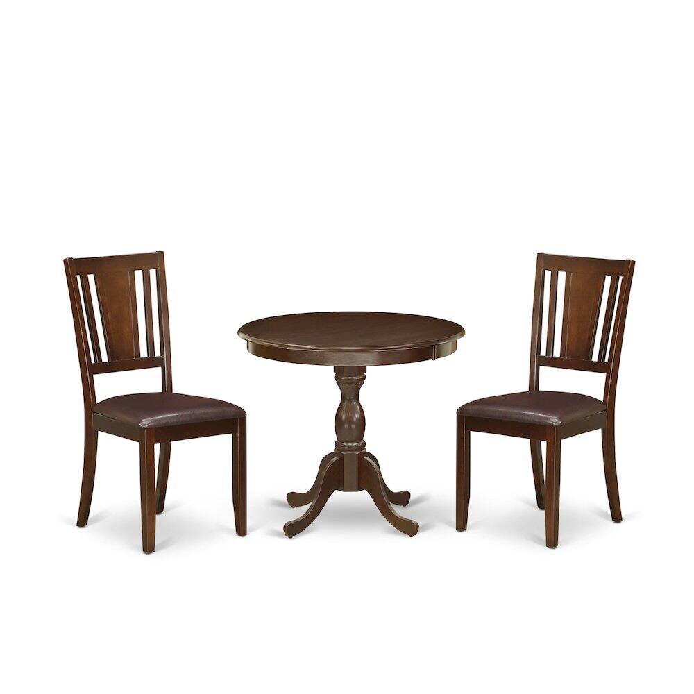 Left. East West Furniture - AMDU3-MAH-LC 3 Piece Modern Dining Table Set Contains 1 Round Pedestal Table and 2 Mahogany Faux Leather Kitchen Chair - Mahogany.