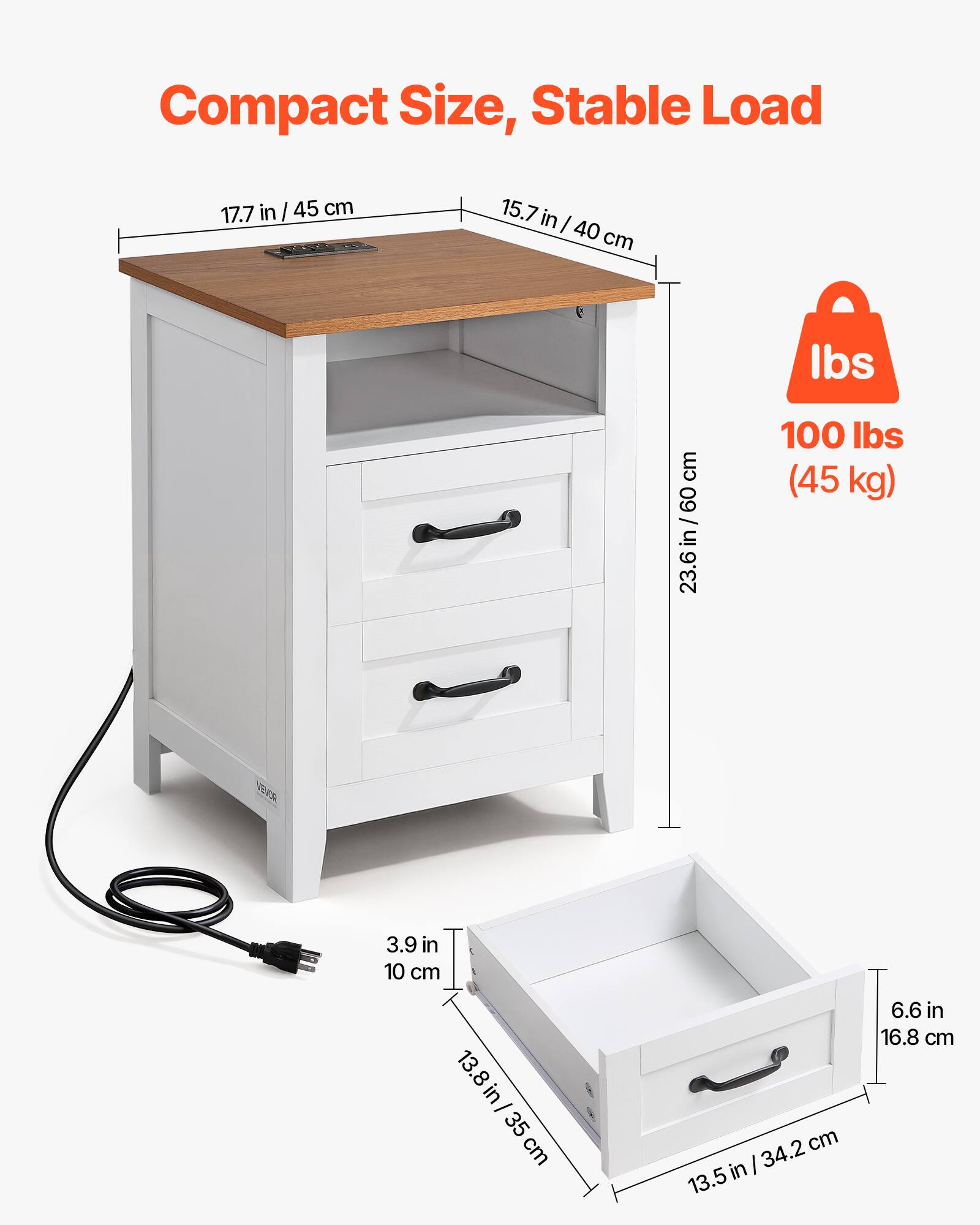 Compact Size, Stable Load

- 17.7 in / 45 cm
- 15.7 in / 40 cm
- 23.6 in / 60 cm
- 100 lbs (45 kg)
- 3.9 in / 10 cm
- 13.8 in / 35 cm
- 6.6 in / 16.8 cm
- 13.5 in / 34.2 cm