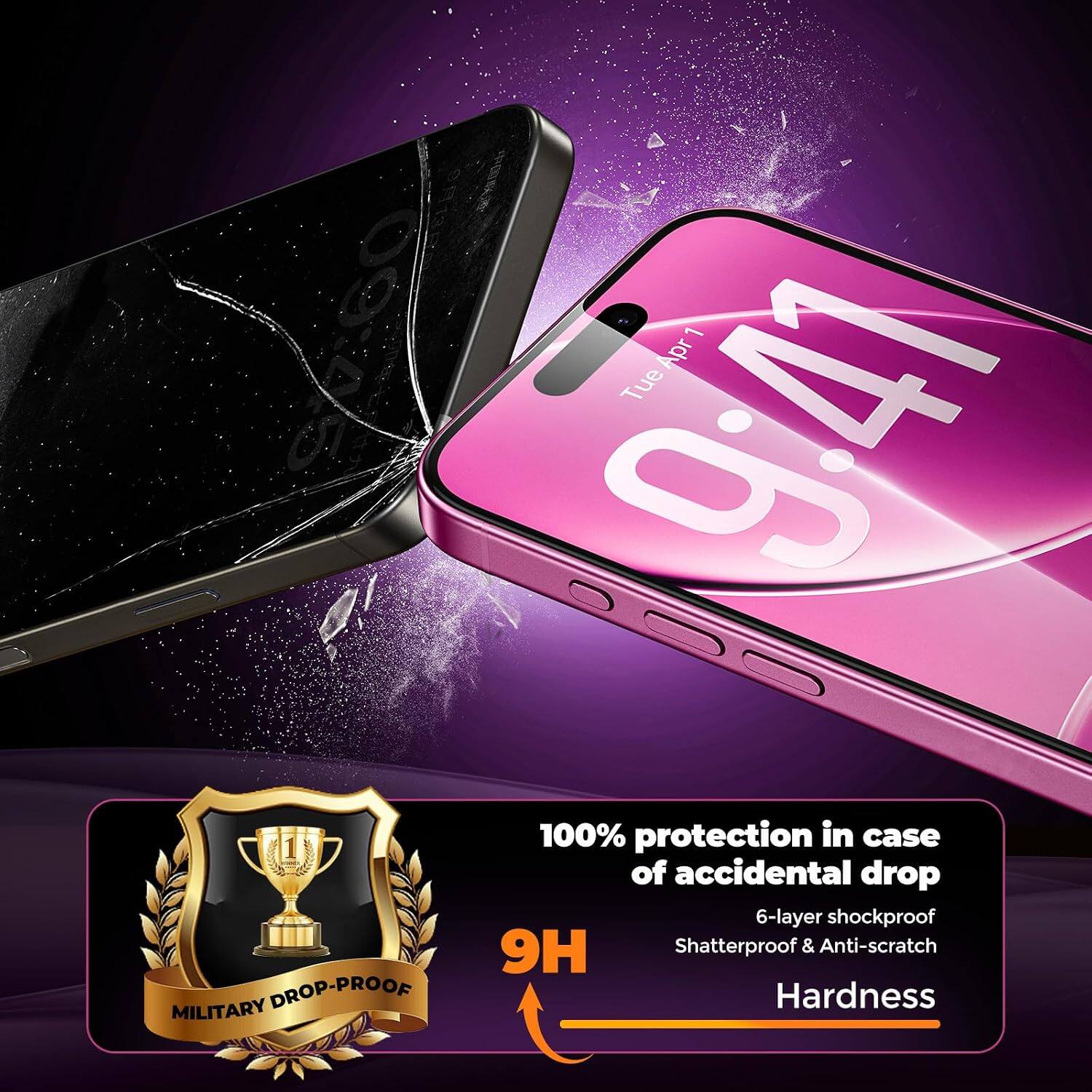 09:45 MILITARY DROP-PROOF

1 Apr Tue 9:41

100% protection in case of accidental drop

6-layer shockproof

9H Shatterproof & Anti-scratch Hardness