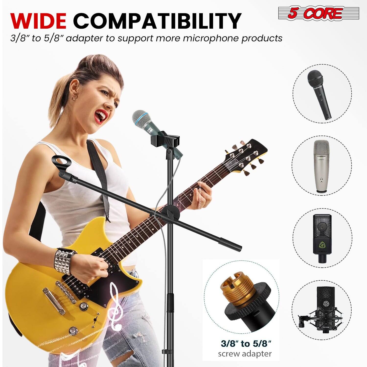 5 CORE, WIDE COMPATIBILITY, 3/8" to 5/8" adapter to support more microphone products, 3/8" to 5/8" screw adapter