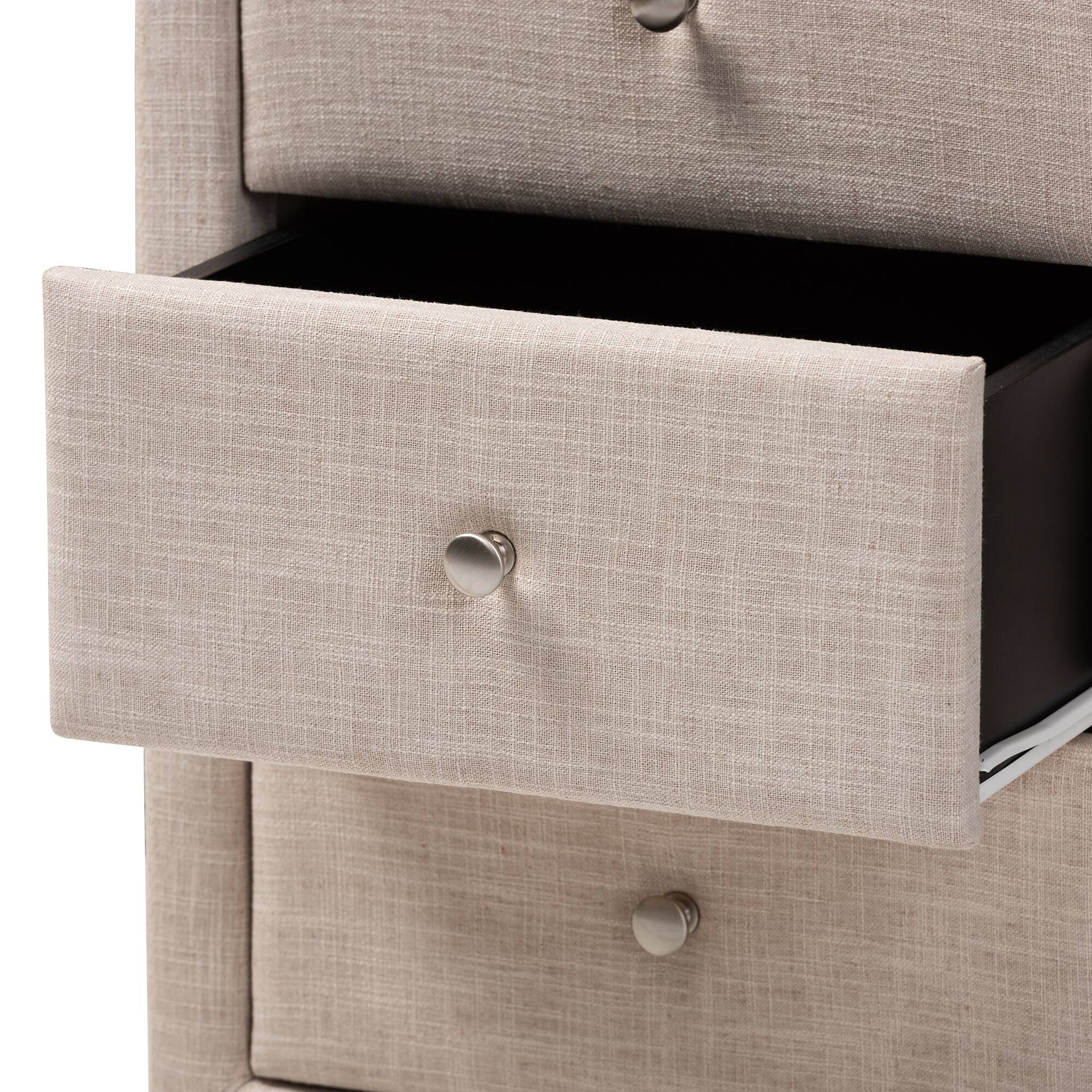 Alt View 2. Baxton Studio - Tessa Modern and Contemporary Fabric Upholstered 3-Drawer Nightstand - Beige.