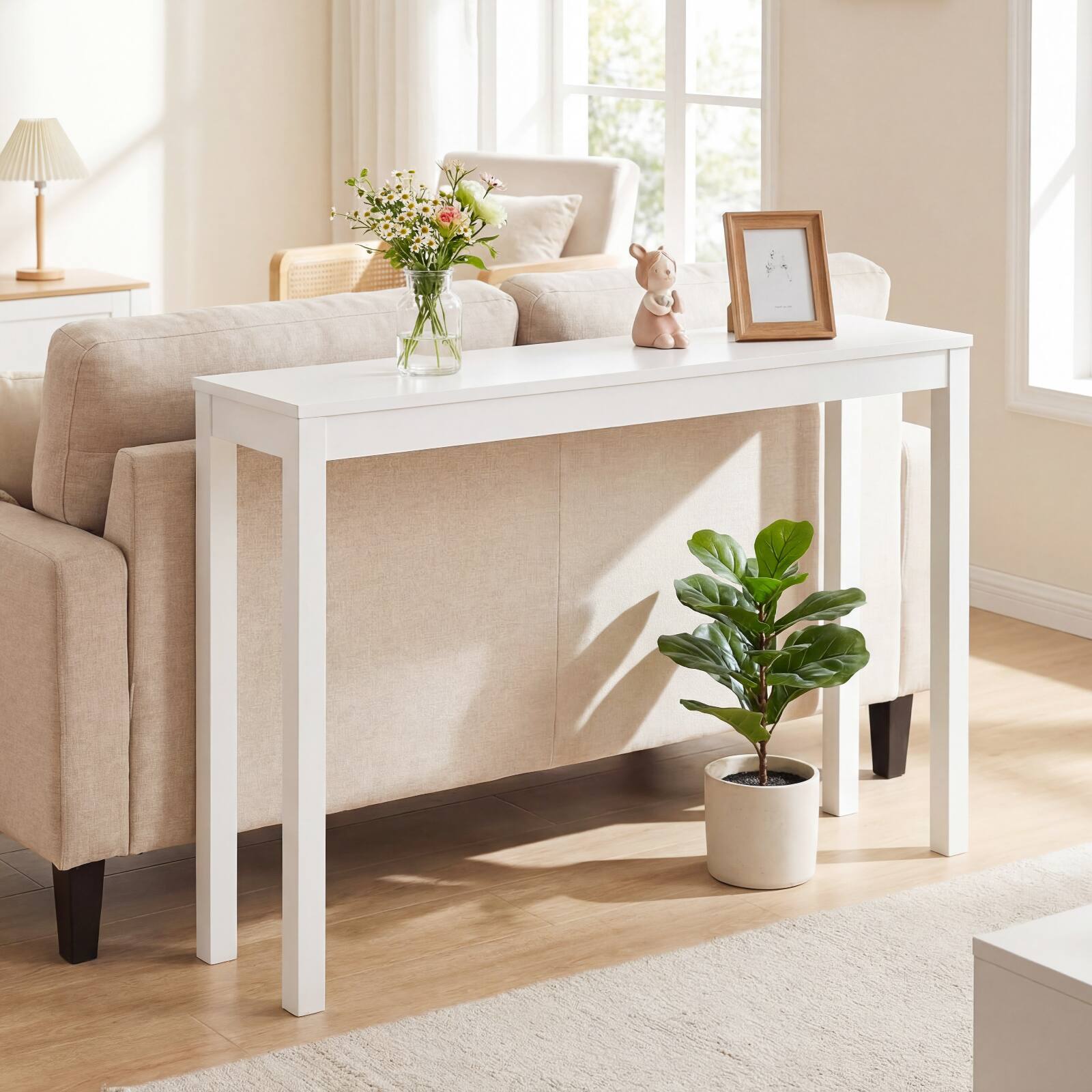 Alt View 4. Gymax - Gymax 48'' Modern Farmhouse Sofa Table w/Thickened Top & Solid Wood Legs for Entryway White - White.
