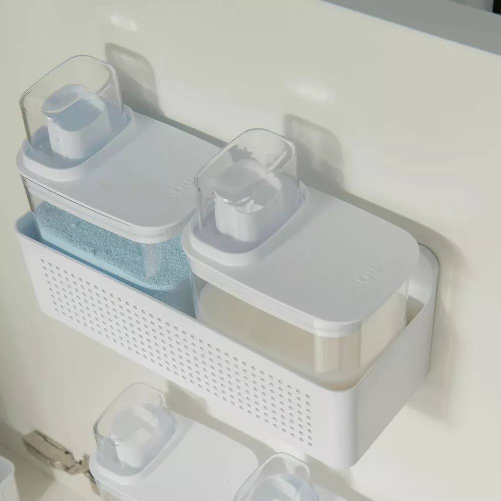 Back. OU - Laundry Detergent Dispenser Set with Wall Rack, 50 oz & 77 oz Soap/Fabric Softener Dispensers with Measuring Cap - White.