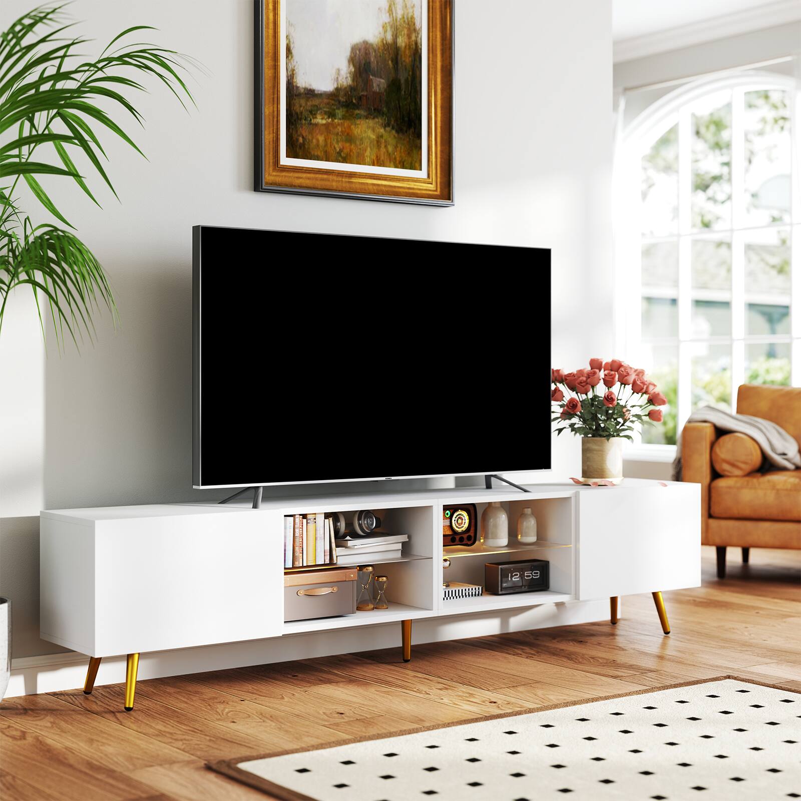 Left. Bestier - 86.6” Modern TV Stand with LED Lights, Gold Legs,  Media Console with Storage for Living Room - white.