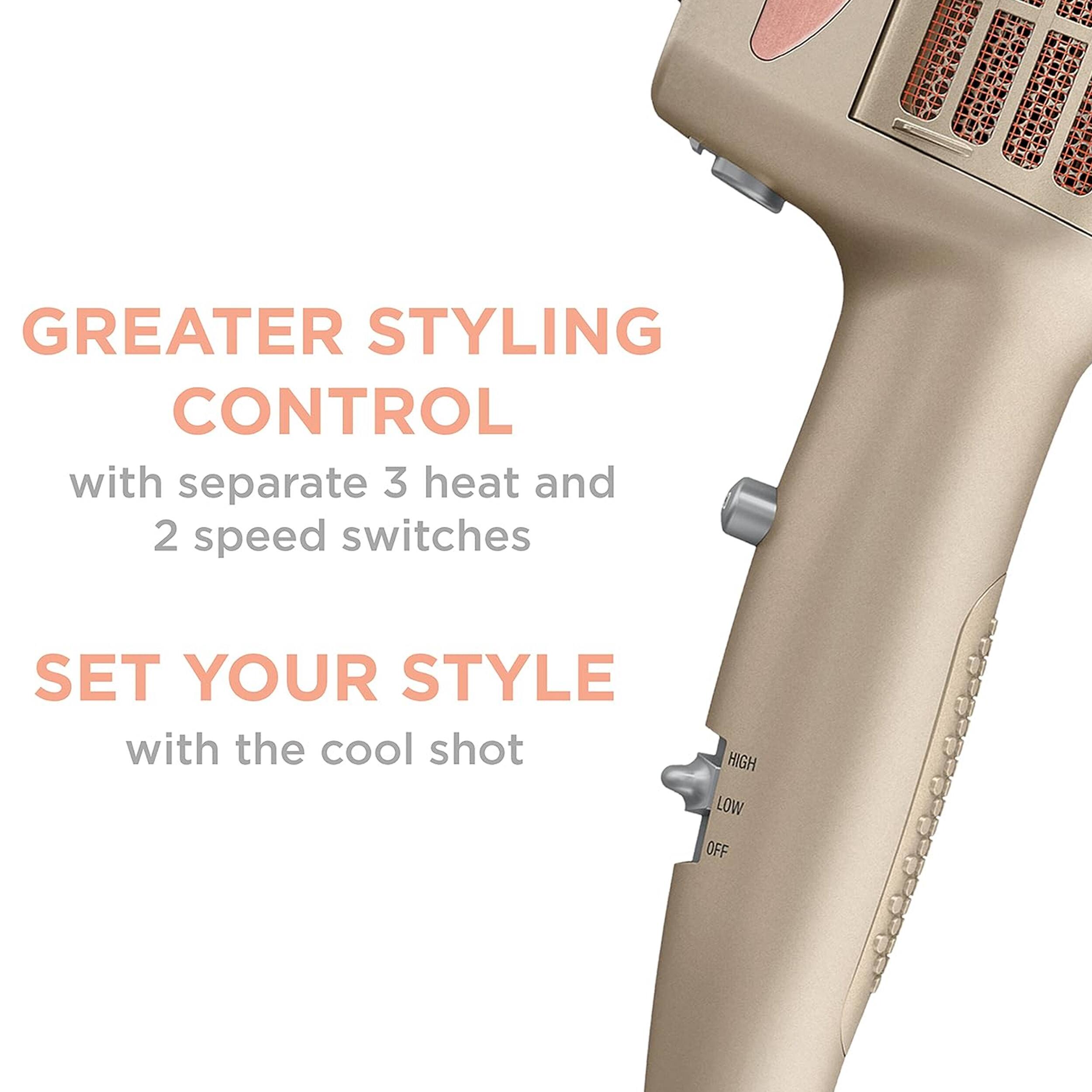 GREATER STYLING CONTROL with separate 3 heat and 2 speed switches
SET YOUR STYLE with the cool shot
HIGH LOW OFF