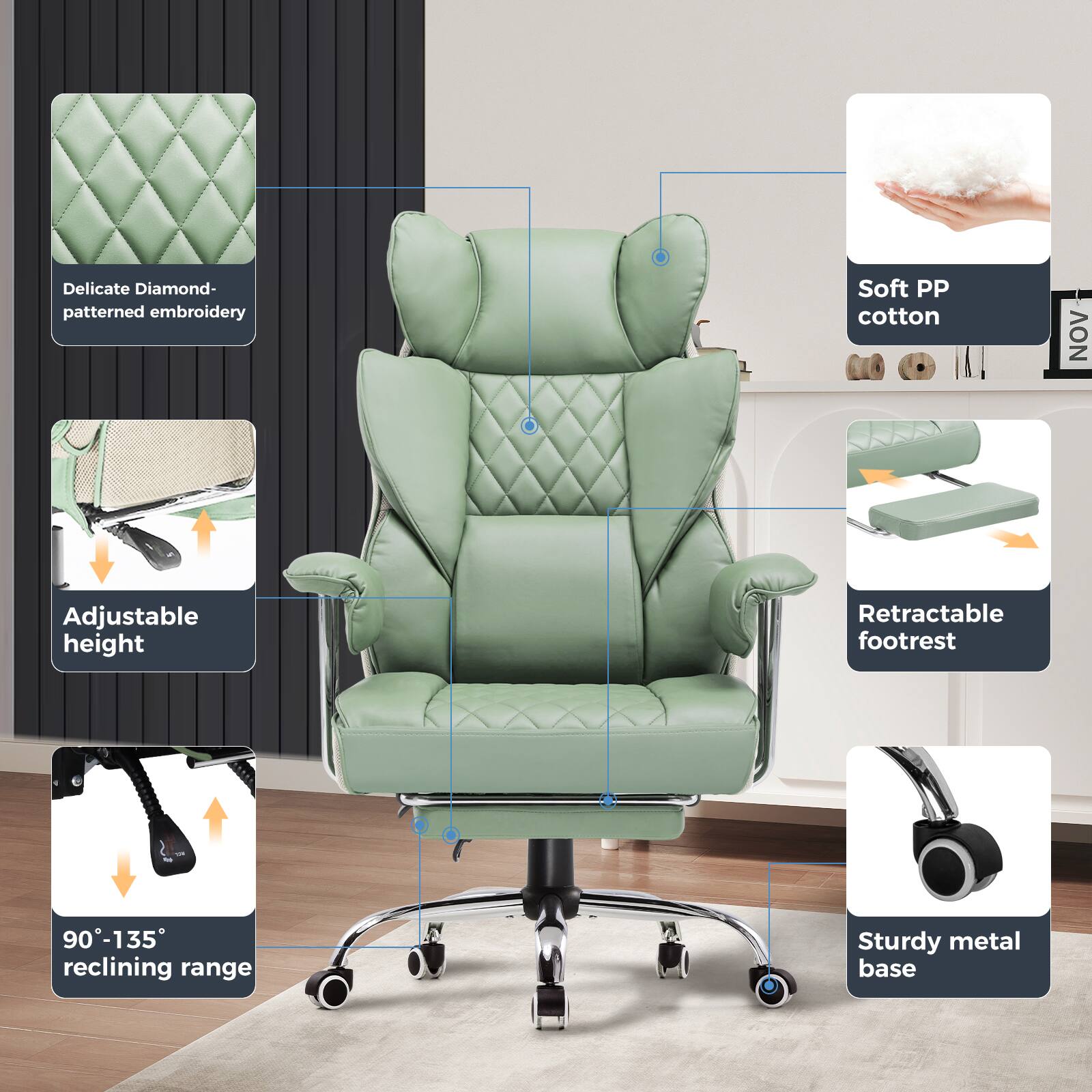 - Delicate Diamond-patterned embroidery
- Soft PP cotton
- Adjustable height
- Retractable footrest
- 90°-135° reclining range
- Sturdy metal base