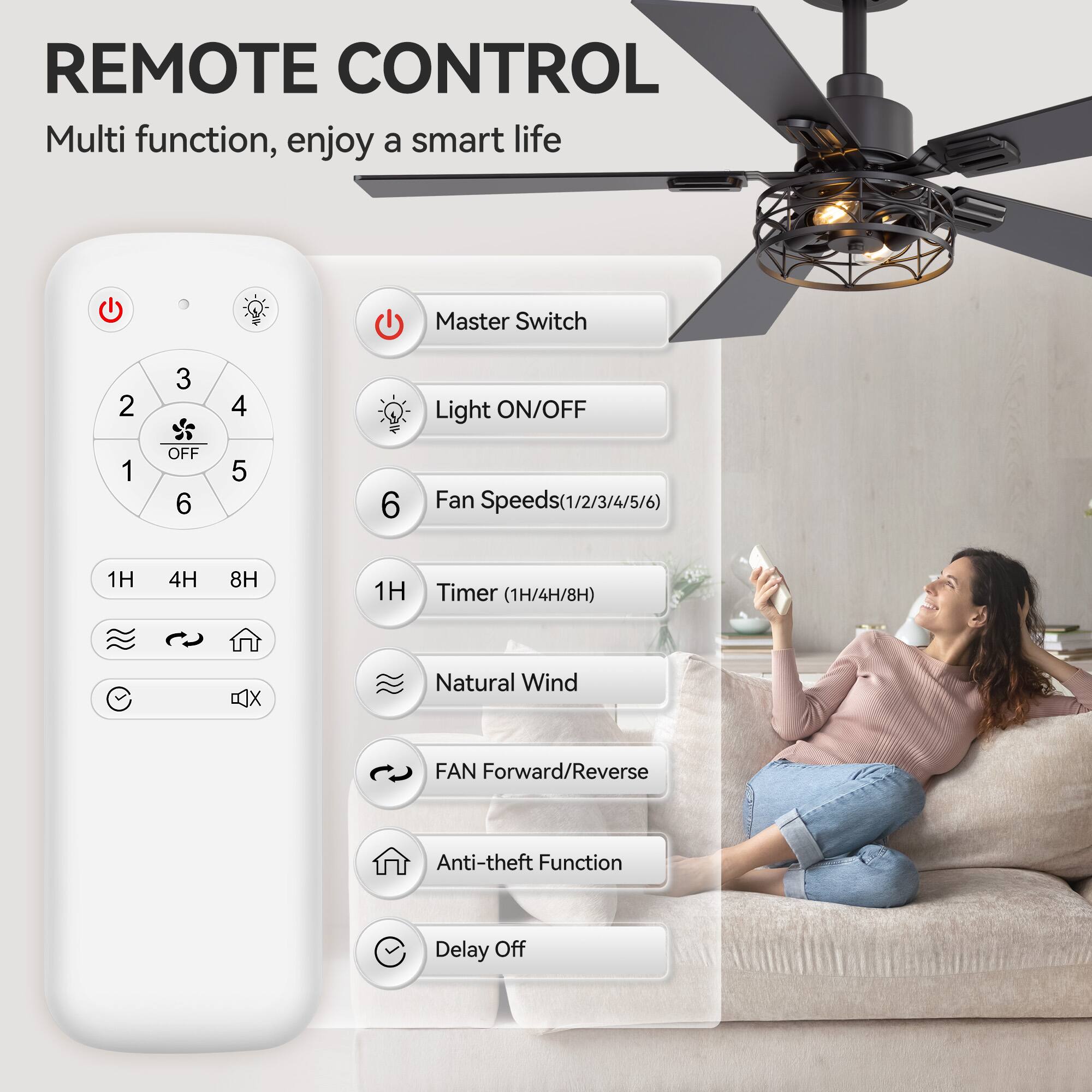 REMOTE CONTROL
Multi function, enjoy a smart life
Master Switch
Light ON/OFF
Fan Speeds(1/2/3/4/5/6)
Timer (1H/4H/8H)
Natural Wind
FAN Forward/Reverse
Anti-theft Function
Delay Off