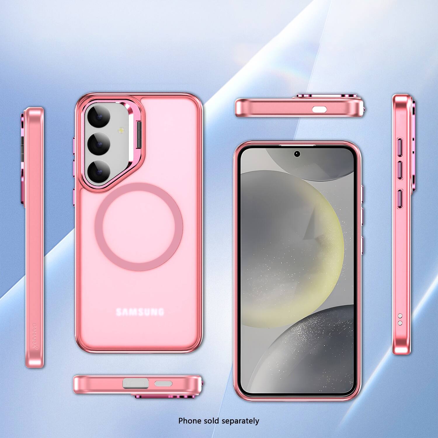 The image shows a pink Samsung phone that is sold separately. The phone is displayed in various positions, including a close-up view and a side view. The pink color of the phone stands out, making it an attractive option for customers. The phone is likely a part of a larger product lineup, with the pink color being one of the available options.