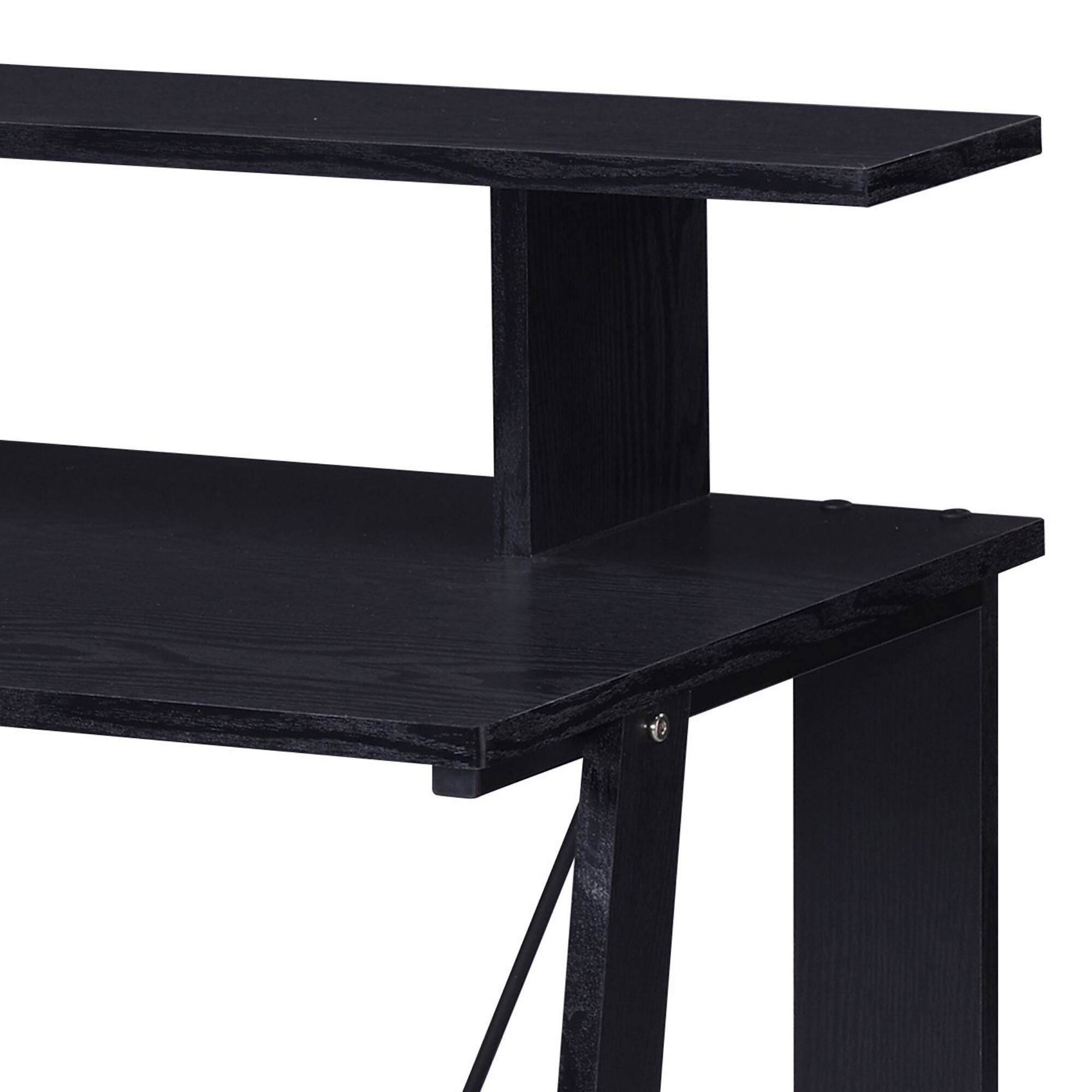Alt View 5. Glintex - Rectangular Writing Desk with Top and Bottom Storage Shelves, Sturdy 15mm Panels and Metal V-Back Support - Black.