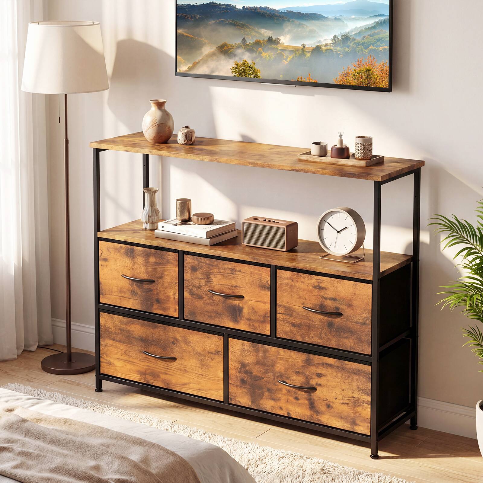 Alt View 1. Gymax - Gymax TV Stand Dresser for 45'' TV 5 Fabric Drawer Entertainment Center w/Open Shelf - Brown.
