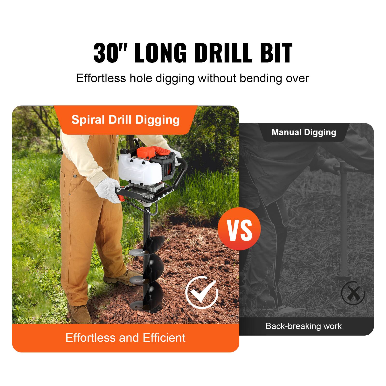 30" LONG DRILL BIT  
Effortless hole digging without bending over  

Spiral Drill Digging  
Effortless and Efficient  

VS  

Manual Digging  
Back-breaking work
