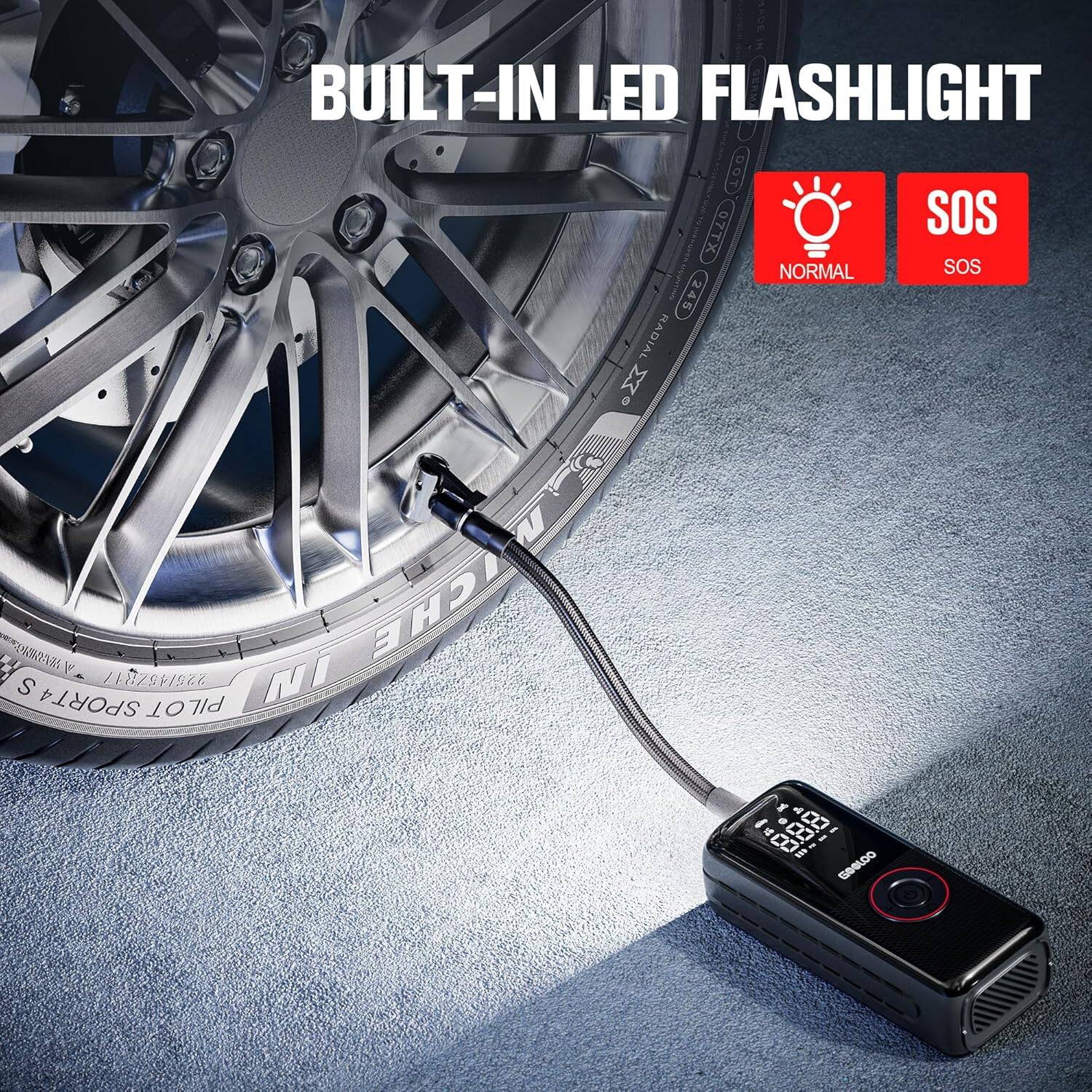 BUILT-IN LED FLASHLIGHT  
DOT 07TX  
SOS NORMAL SOS  
245 RADIAL  
SICHE WICHE  
US SPORT4  
226/45/817  
NI PILOT  
f I e  
00 00  
I 1400:  
S GRBLDO