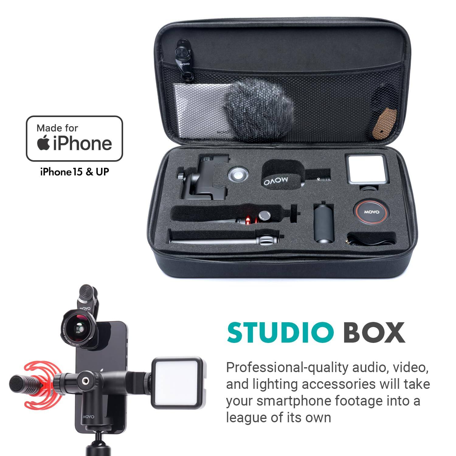Made for iPhone  
iPhone 15 & UP  

STUDIO BOX  

Professional-quality audio, video, and lighting accessories will take your smartphone footage into a league of its own