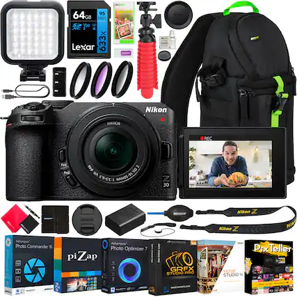 - Nikon Z 30
- Nikkor DX VR 1:3.5-6.3 16-50mm
- 64GB Lexar 633x SDXC UHS-I V30
- 95 MB/s
- Screen CUAO
- Ashampoo Photo Commander 16
- Ashampoo Photo Optimizer 7
- piZap
- GRAFX STUDIO PRO
- PixTeller MOVIE STUDIO 16
- Nikon Z 30 Strap
- Nikon Z 30 Camera Bag
- LED Light
- Tripod
- Memory Card Reader
- Cleaning Kit
- USB Cable
- Battery
- Lens Hood
- Lens Cap
- Screen Protector
- Ashampoo Photo Commander 16
- Ashampoo Photo Optimizer 7
- piZap
- GRAFX STUDIO PRO
- PixTeller MOVIE STUDIO 16
- www.autofk.com