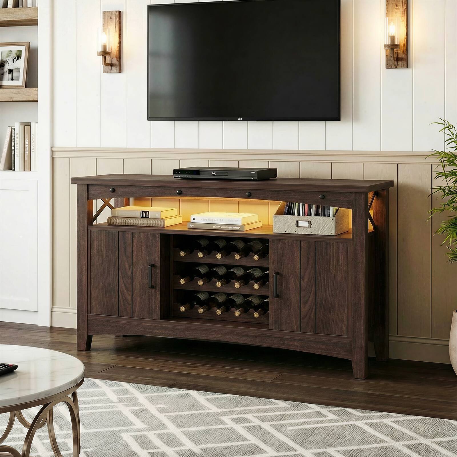 Alt View 3. Aheaplus - Farmhouse Coffee Bar Cabinet with Charging Station, LED Lights & Movable Wine Rack - Walnut.