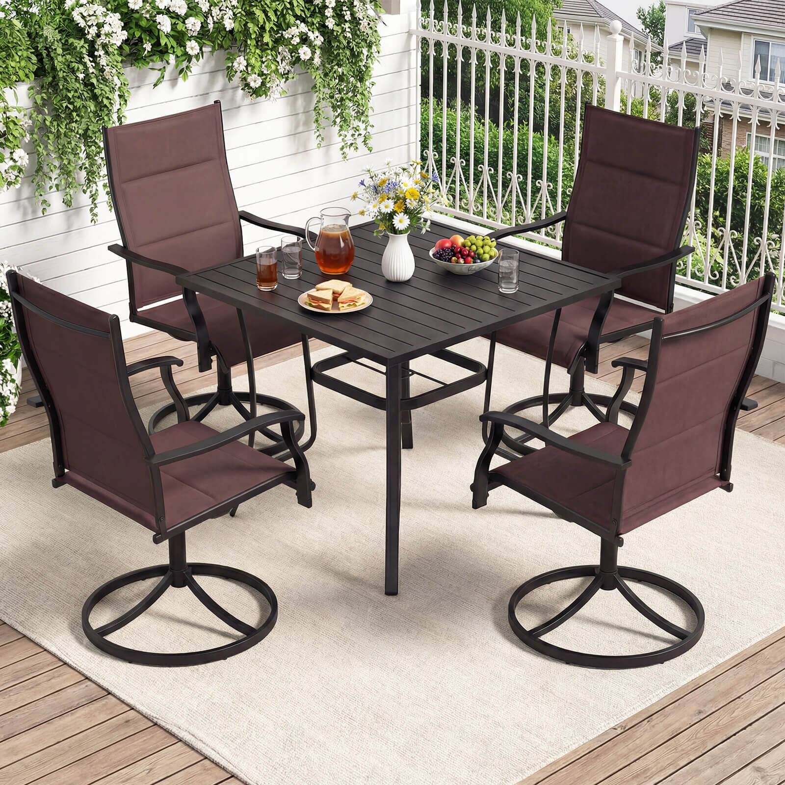 Alt View 1. Costway - Costway 5PCS Outdoor Dining Set, 4 Swivel Chairs & Square Patio Table with Umbrella Hole - Black,Brown.