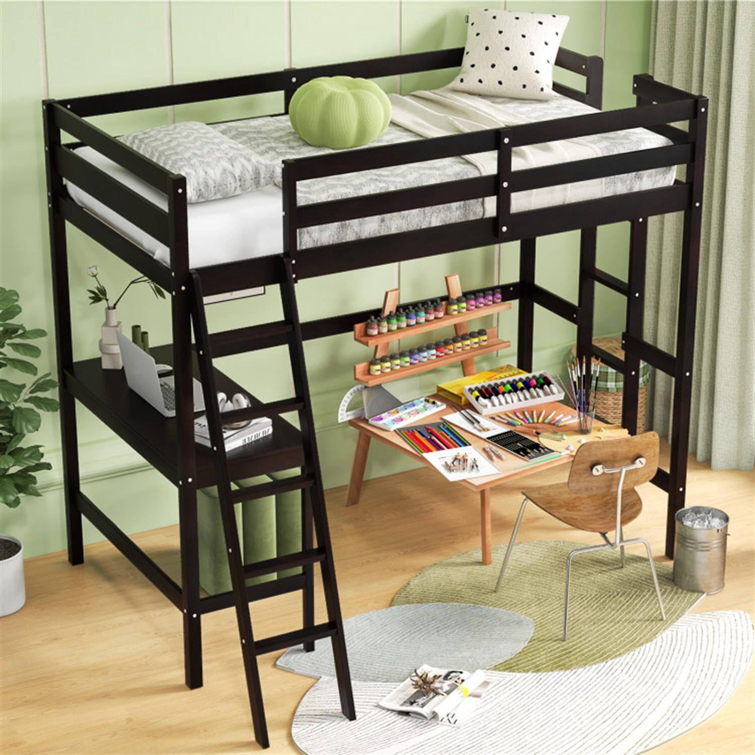 Alt View 4. Pefilos - Loft Bed Twin Size, Solid Wood Loft Bed with Desk Angled and Built-in Ladder, Modern Wooden Playhouse Bed Frame, Brown - Brown.
