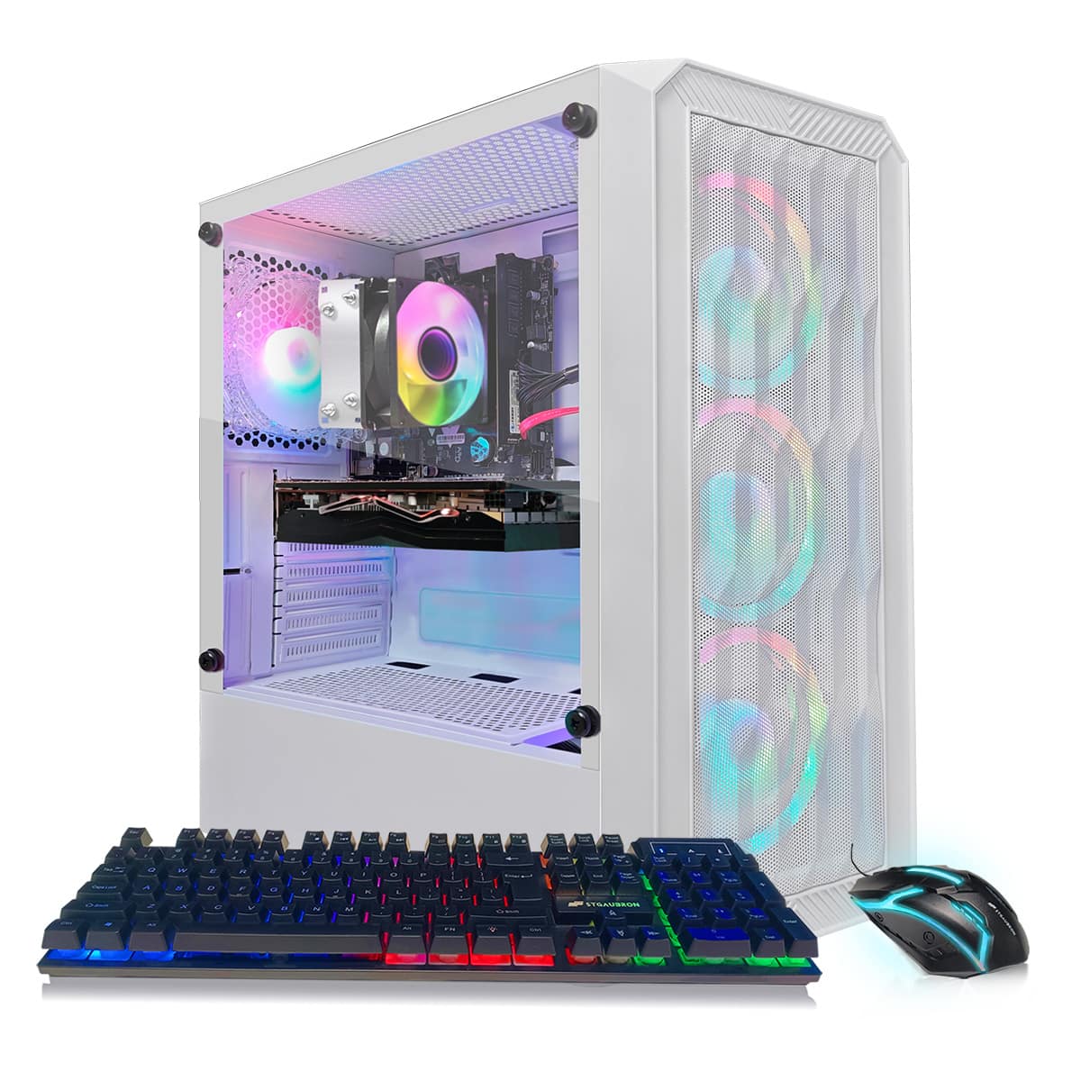 Front. STGAubron - STGAubron Gaming PC Computer Desktop, AMD Ryzen 5 2600 up to 3.9Ghz, GeForce RTX 3050 6G, 16GB DDR4 RAM, 1TB SSD, WIN11H - White.
