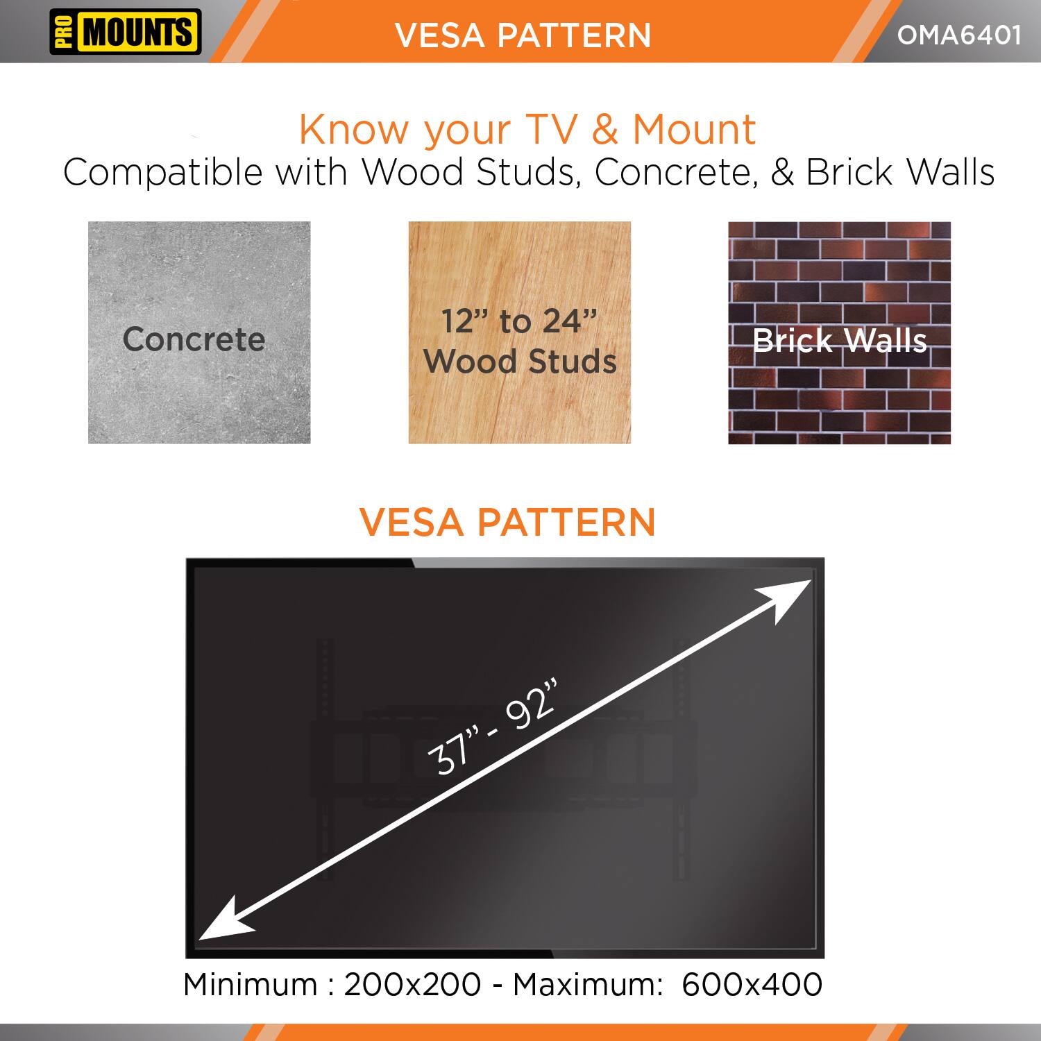 **PRO MOUNTS**

**VESPA PATTERN**

**OMA6401**

**Know your TV & Mount**

Compatible with Wood Studs, Concrete, & Brick Walls

- Concrete
- 12" to 24" Wood Studs
- Brick Walls

**VESPA PATTERN**

37" - 92"

Minimum: 200x200 - Maximum: 600x400