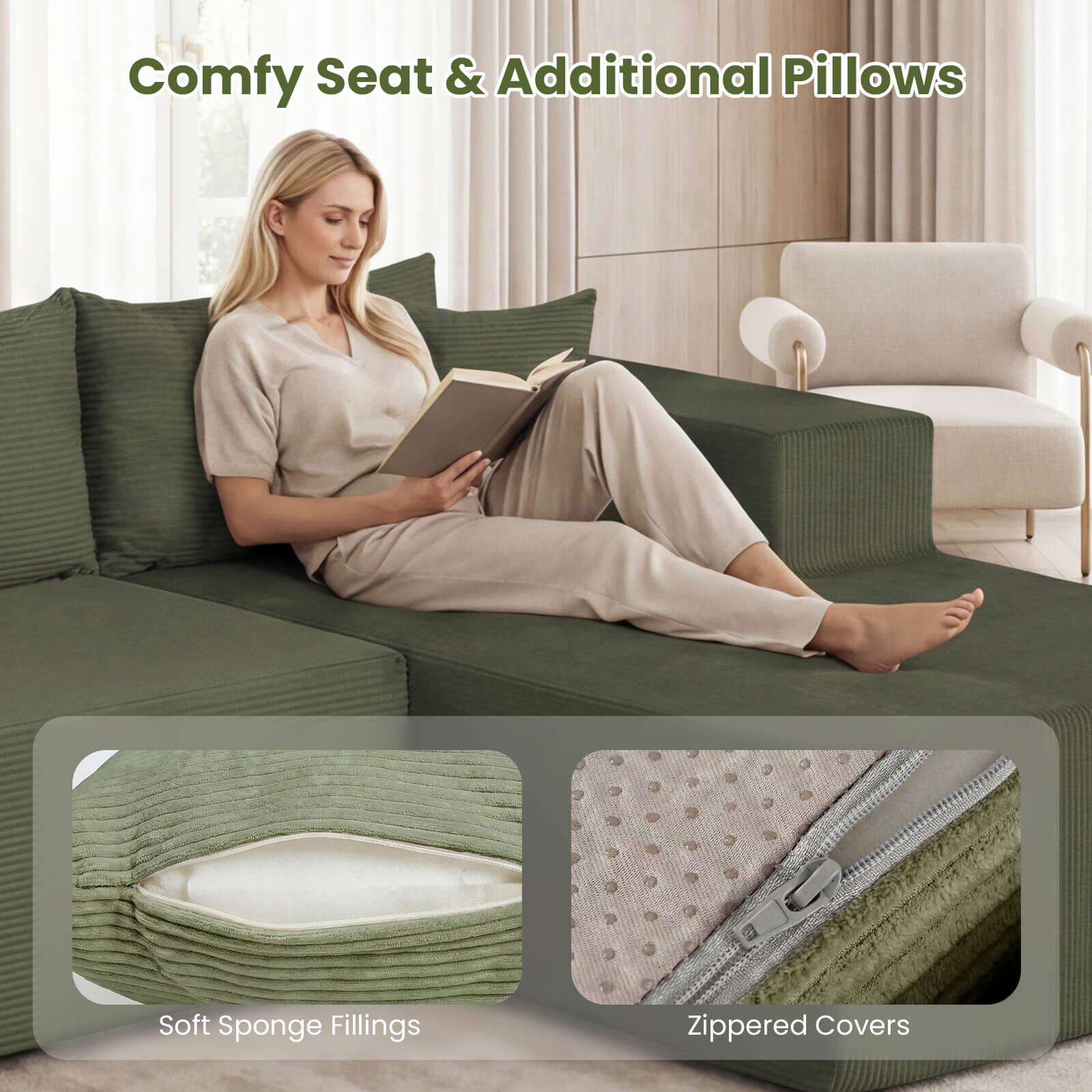 Comfy Seat & Additional Pillows  
Soft Sponge Fillings  
Zippered Covers