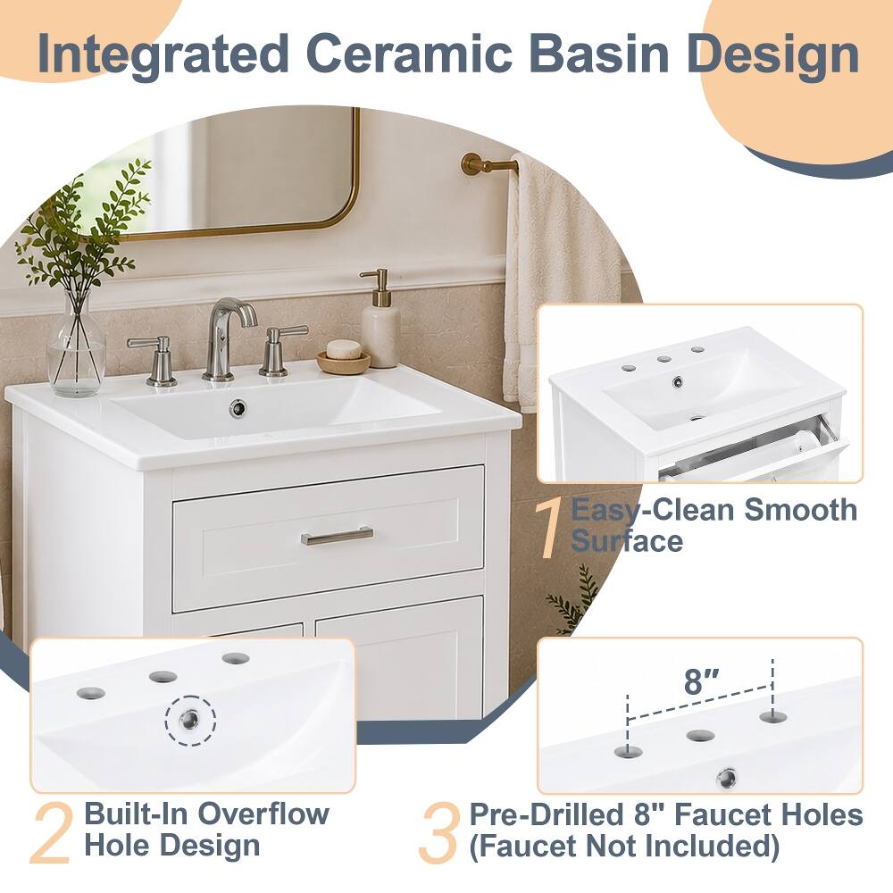 Integrated Ceramic Basin Design

1. Easy-Clean Smooth Surface
2. Built-In Overflow Hole Design
3. Pre-Drilled 8" Faucet Holes (Faucet Not Included)