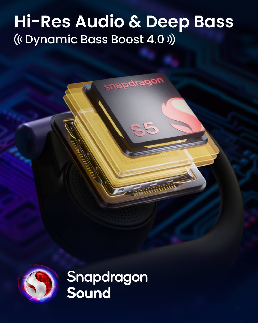 Hi-Res Audio & Deep Bass  
(( Dynamic Bass Boost 4.0 ))  
snapdragon S5  
Snapdragon Sound