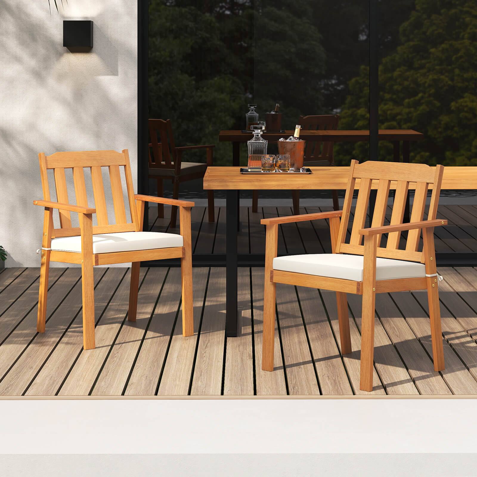 Alt View 5. Costway - Costway 2 PCS Patio Dining Chairs with  Removable Padded Cushion, Armrests Slatted Backrest - Natural,White.