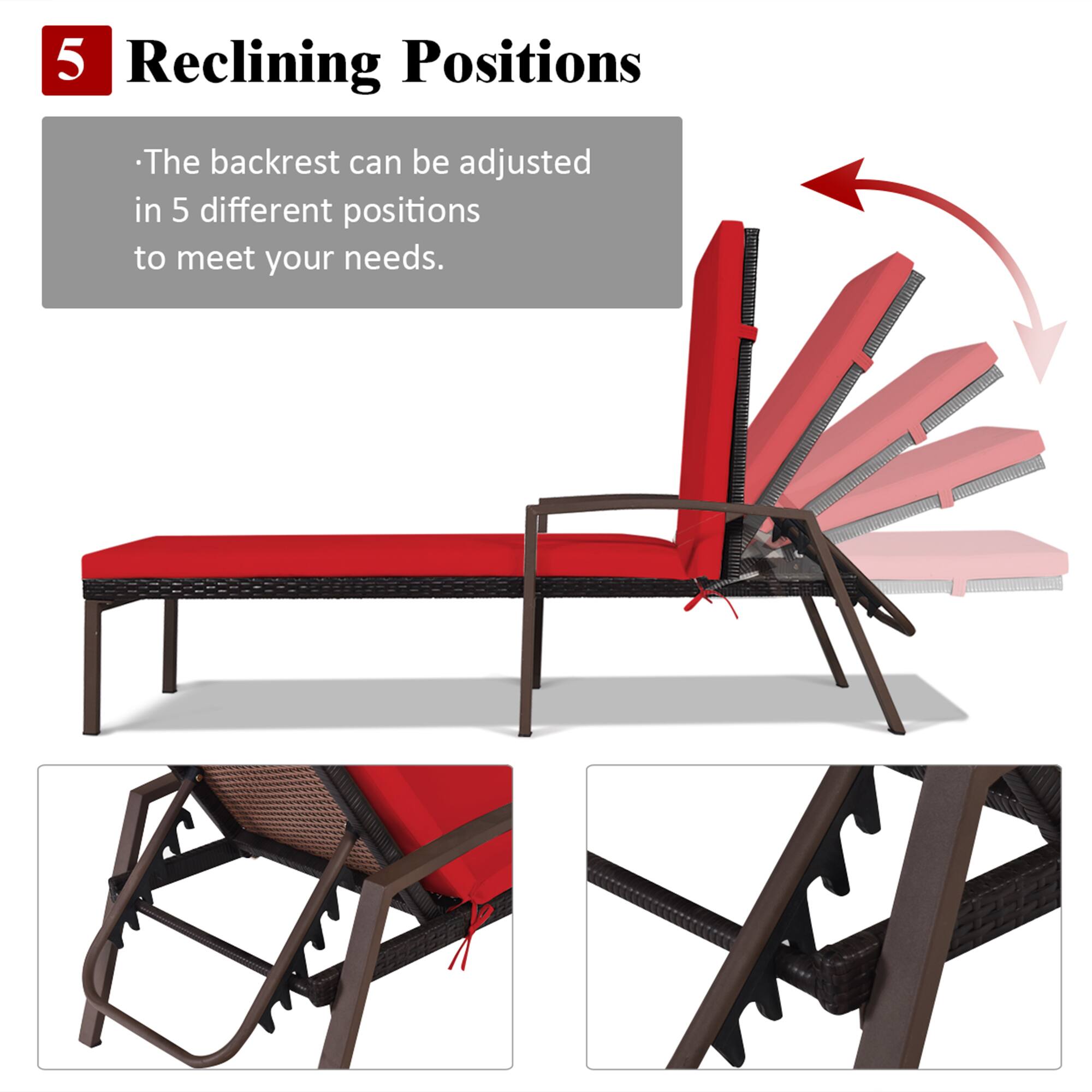 5 Reclining Positions
The backrest can be adjusted in 5 different positions to meet your needs.